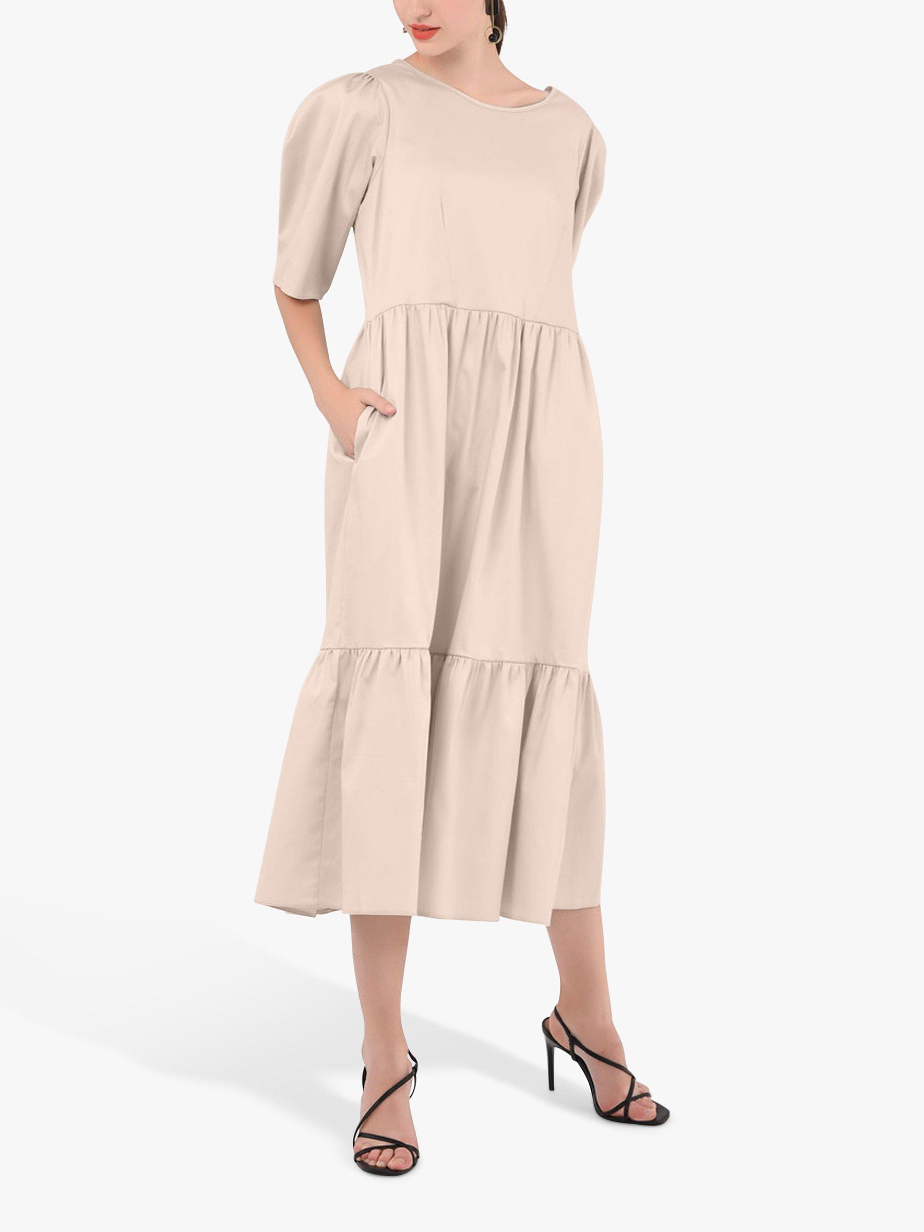 Product image 2 of 4, which shows Closet London Puff Sleeve Tiered Midi Dress, Beige, 10