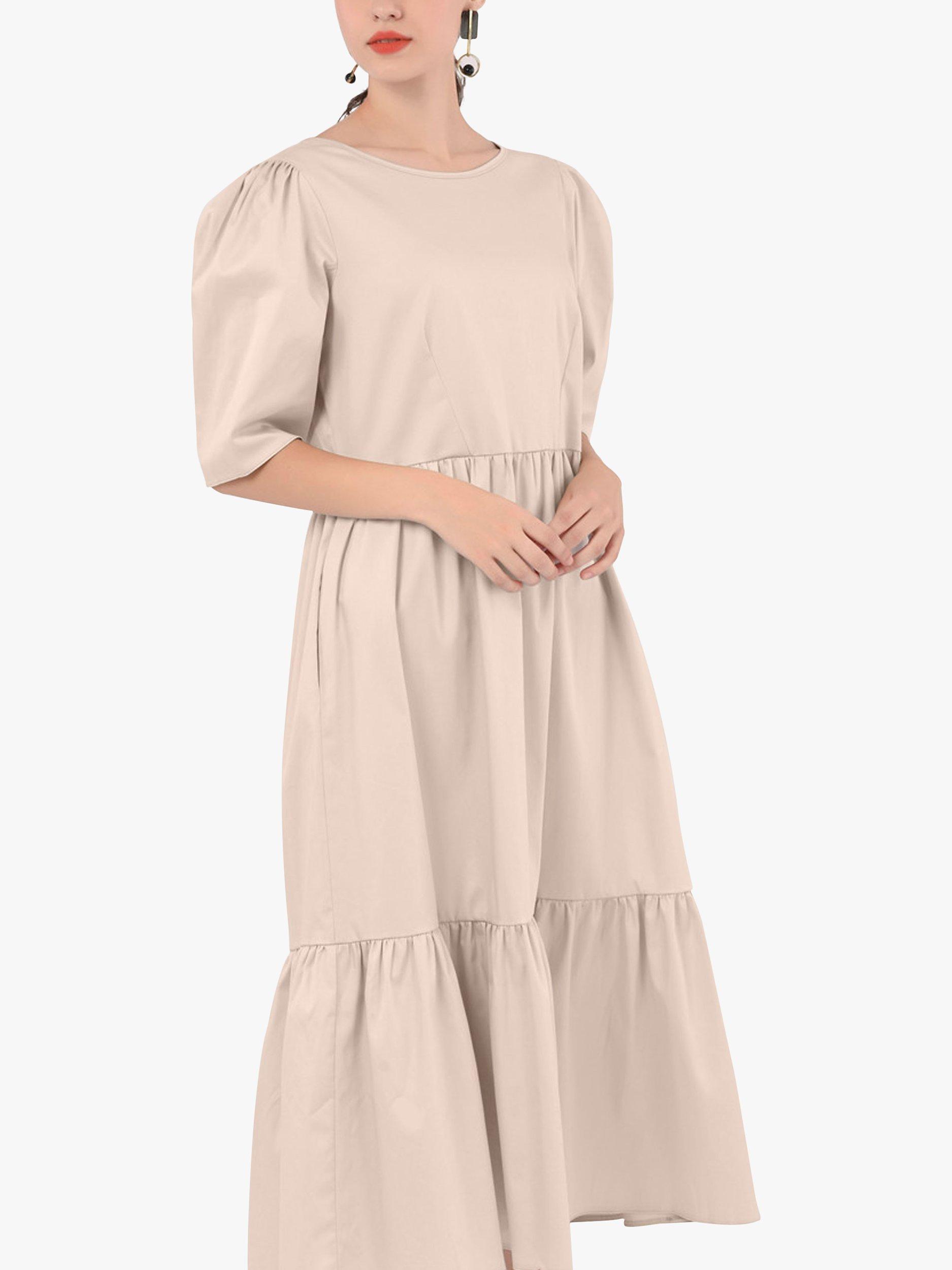 Product image 3 of 4, which shows Closet London Puff Sleeve Tiered Midi Dress, Beige, 10