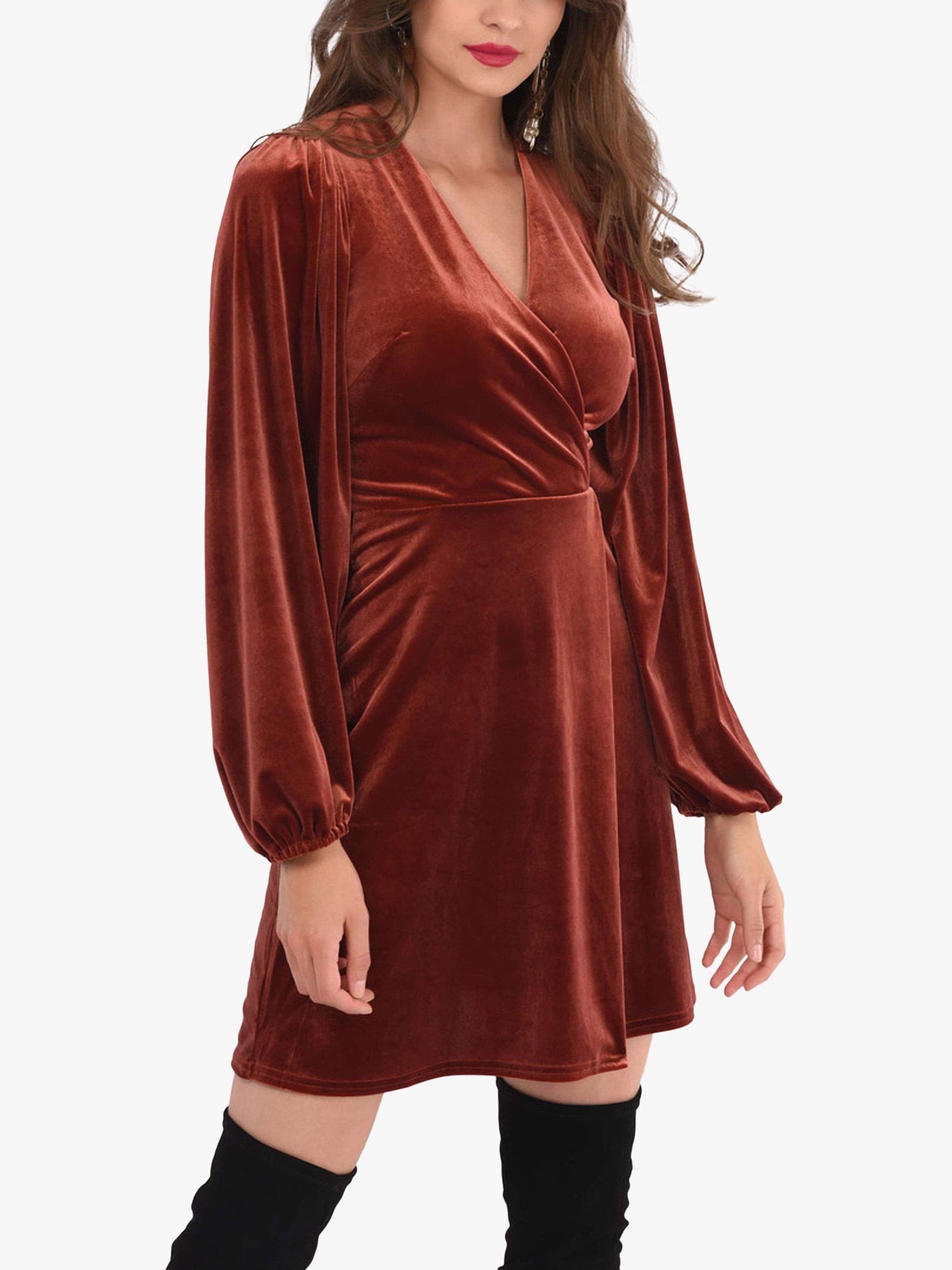 Product image 2 of 4, which shows Closet London Velvet Wrap Mini Dress, Brown, 8