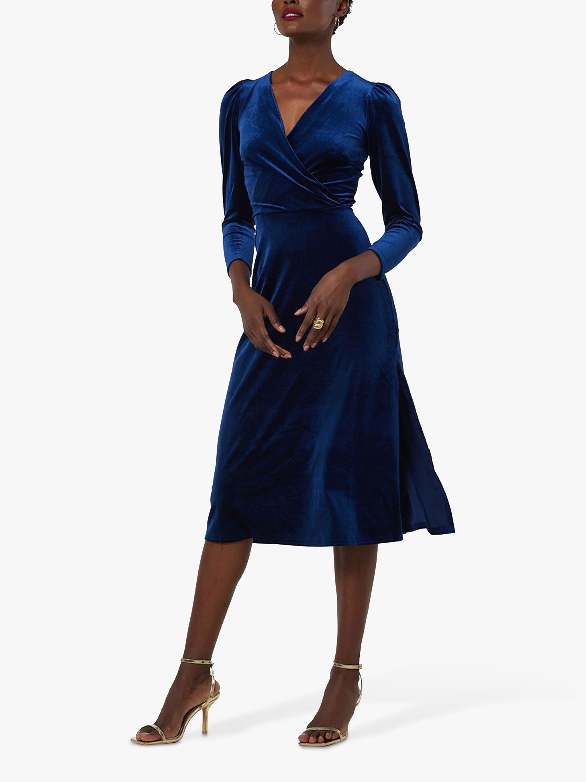 Closet London Velvet Wrap A-Line Dress, Navy