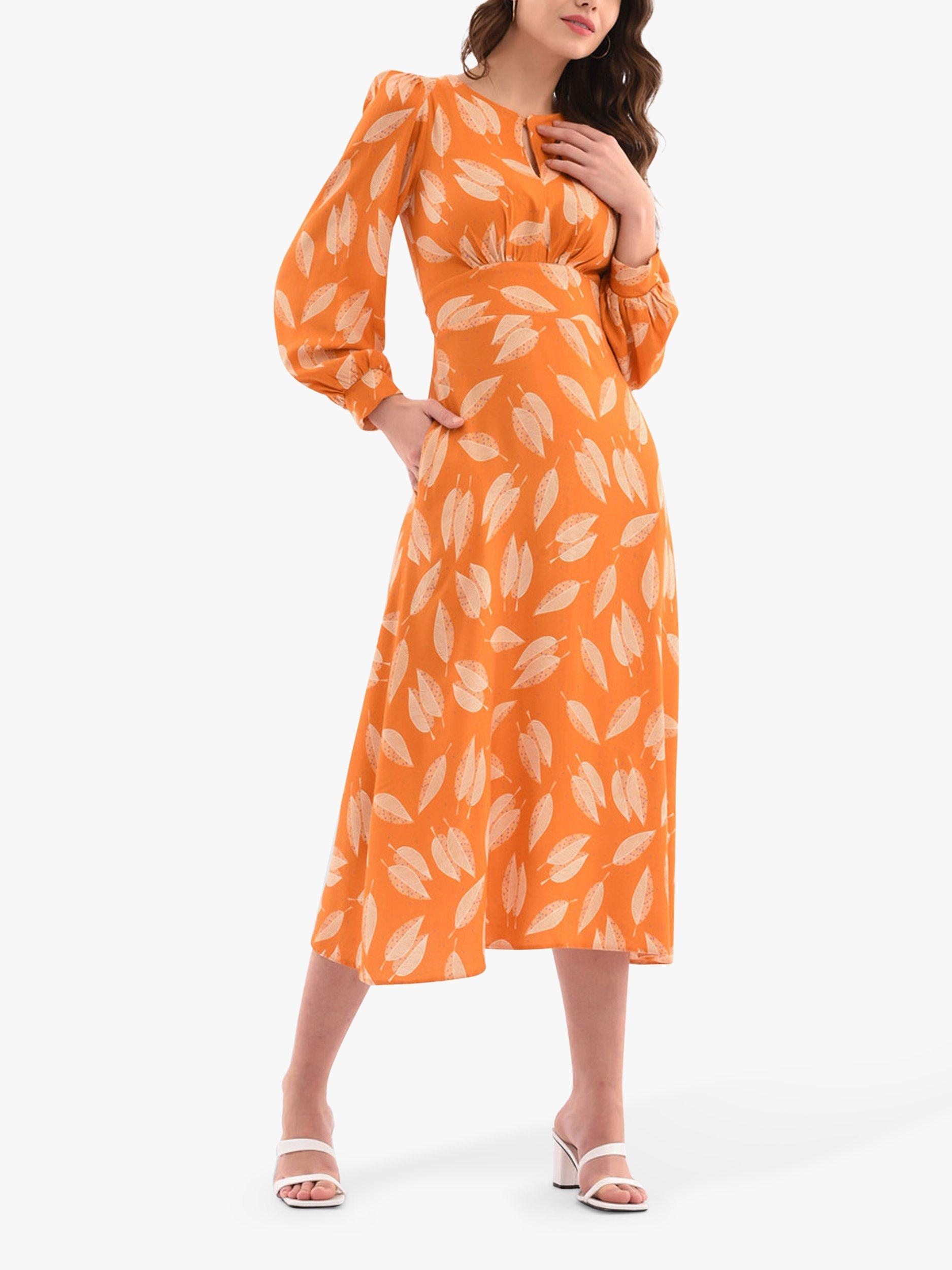 Closet London Leaf Print Midi Dress Orange
