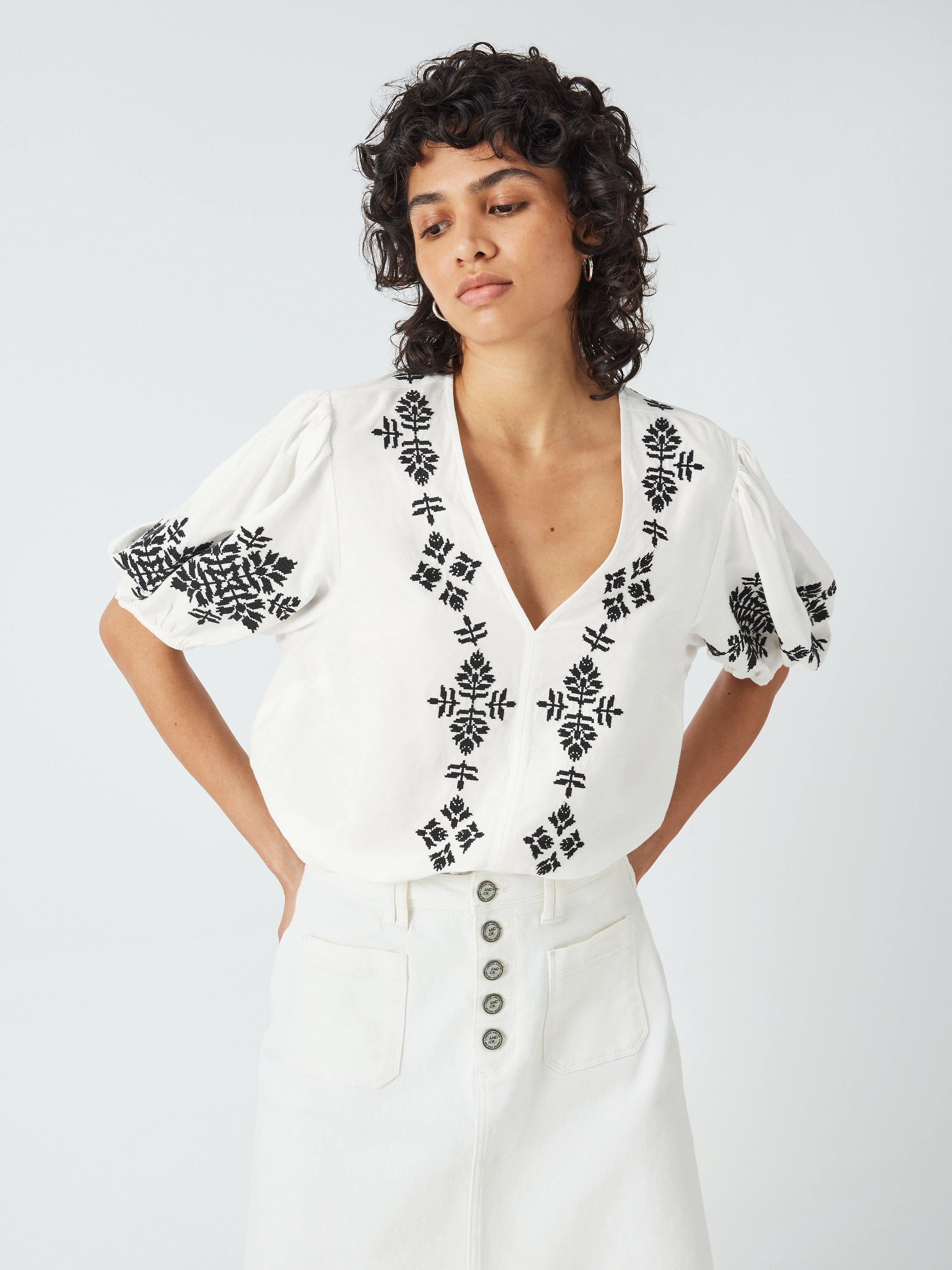 AND/OR Melissa Linen Blend Embroidered Top, Ivory