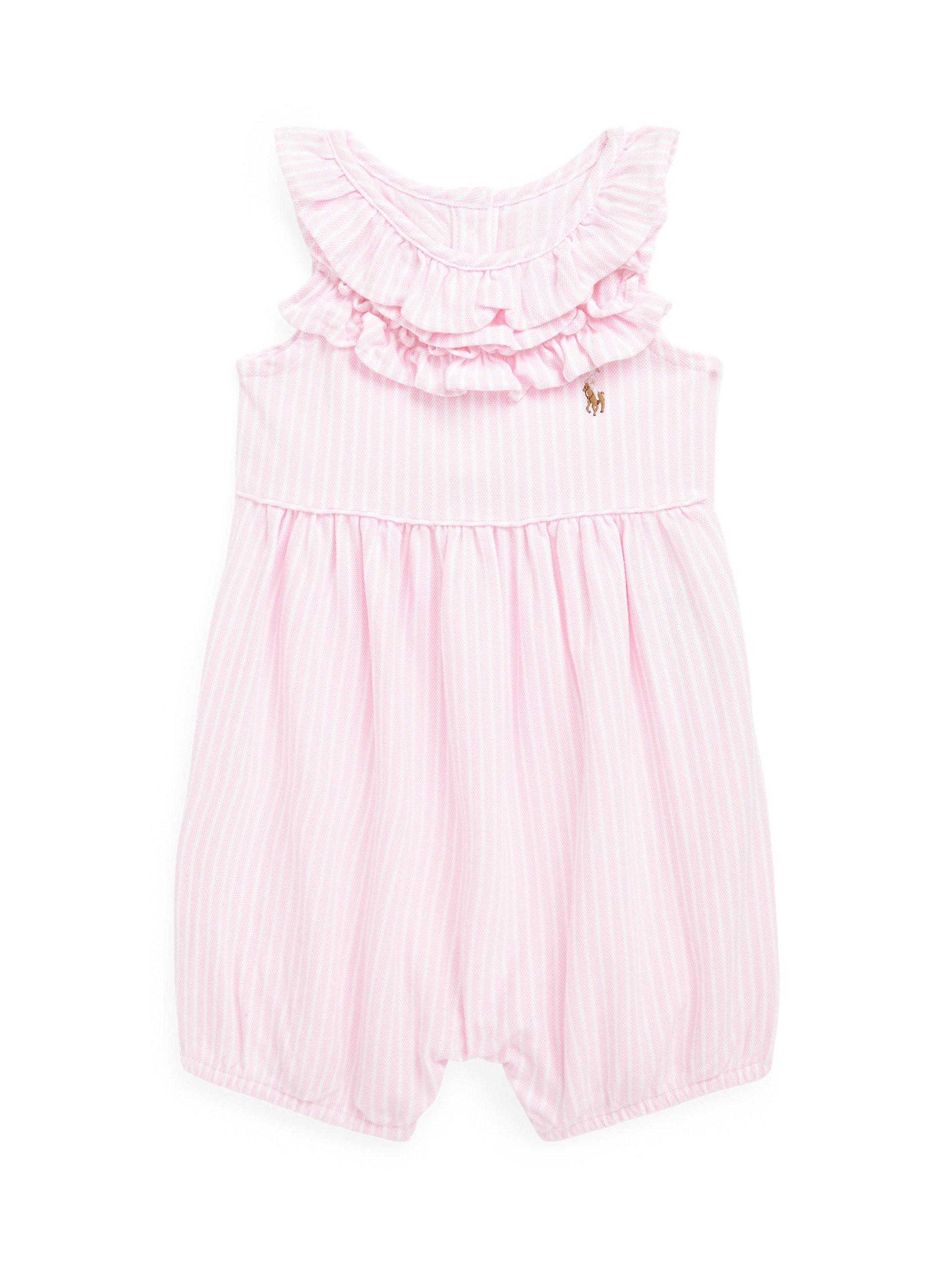 Ralph Lauren Baby Mesh Stripe Shortall Romper, Carmel Pink