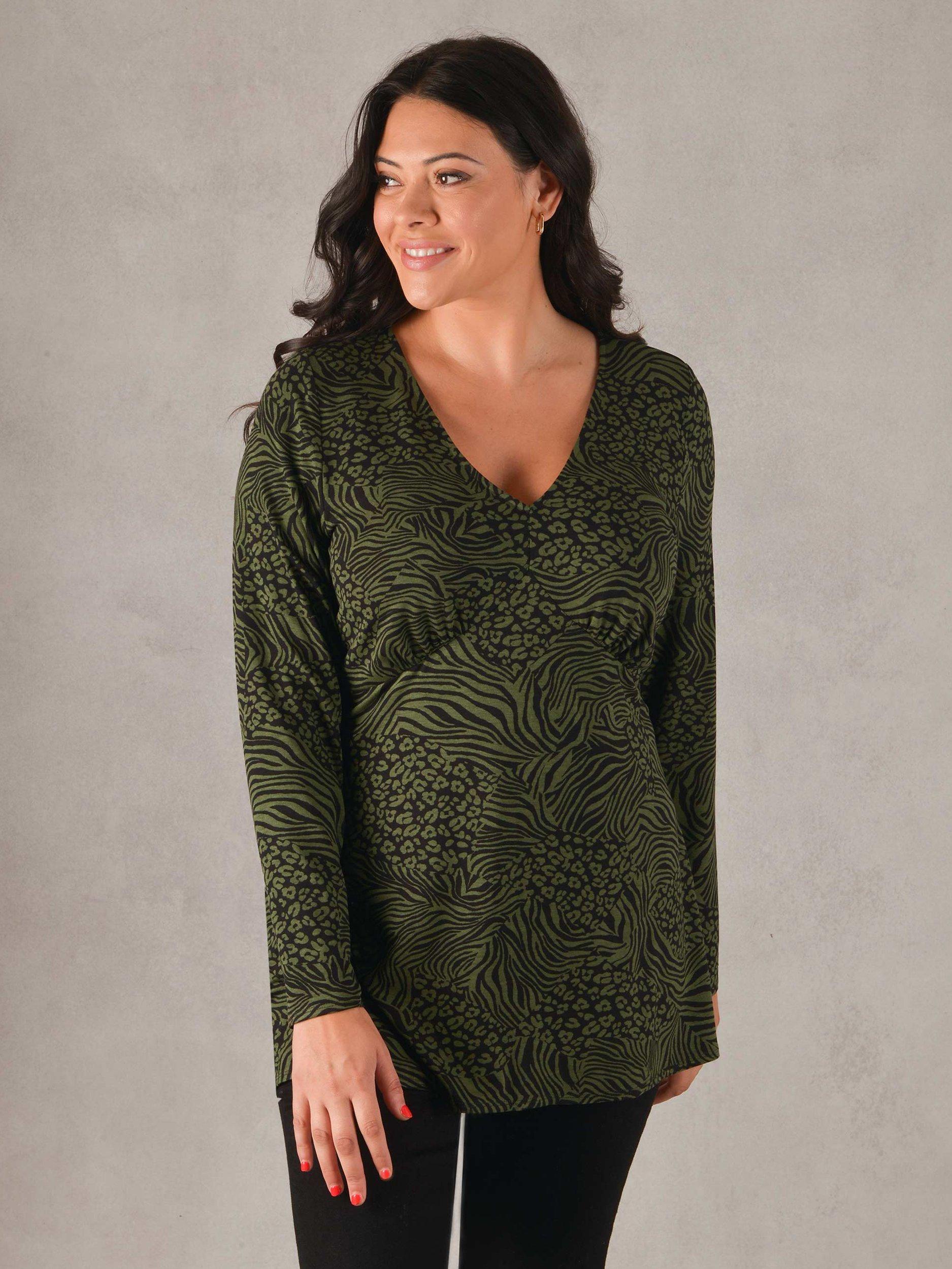 Live Unlimited Curve Animal Print V-Neck Top, Green