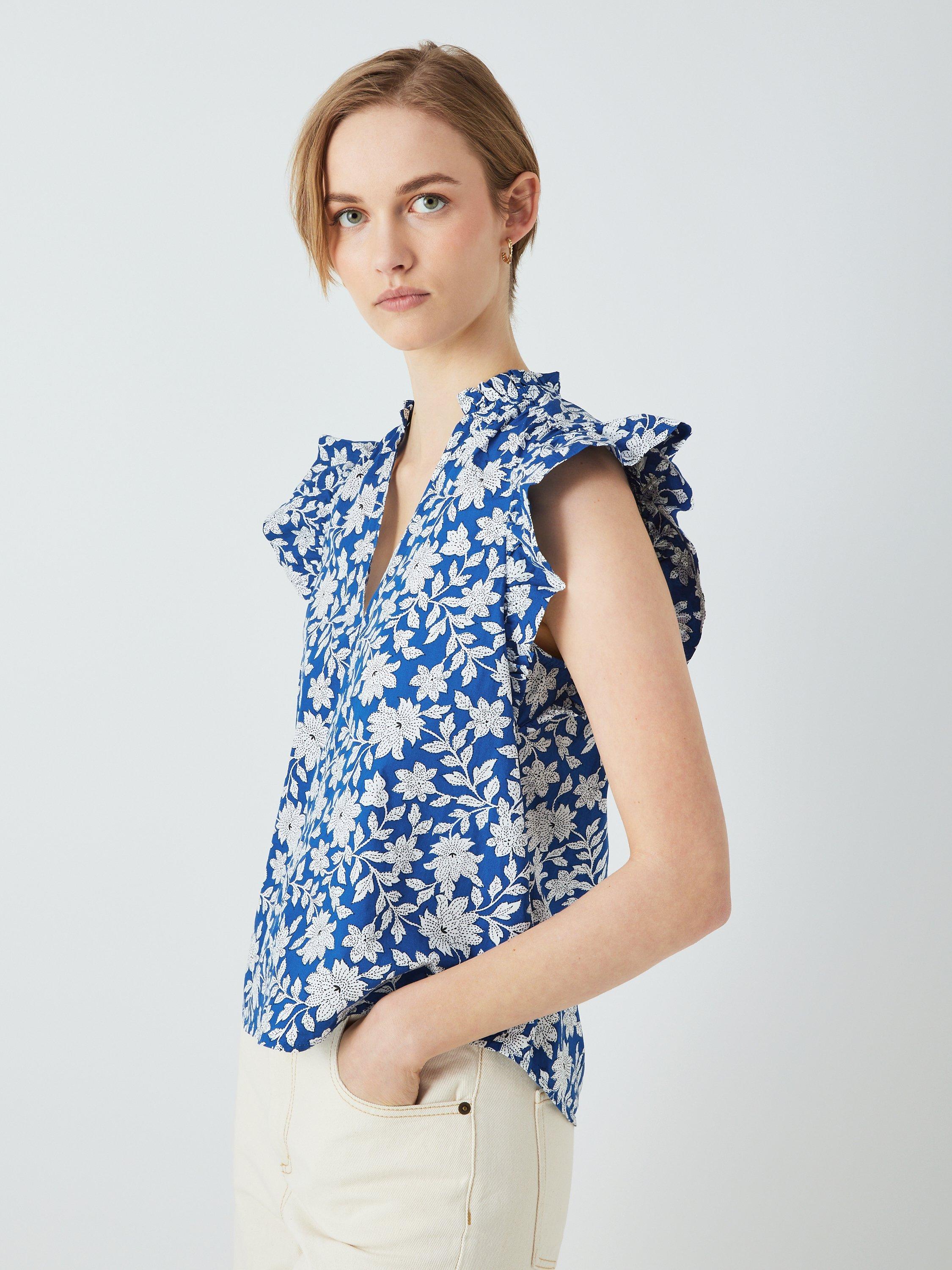 John Lewis Floral Print V-Neck Blouse, Blue