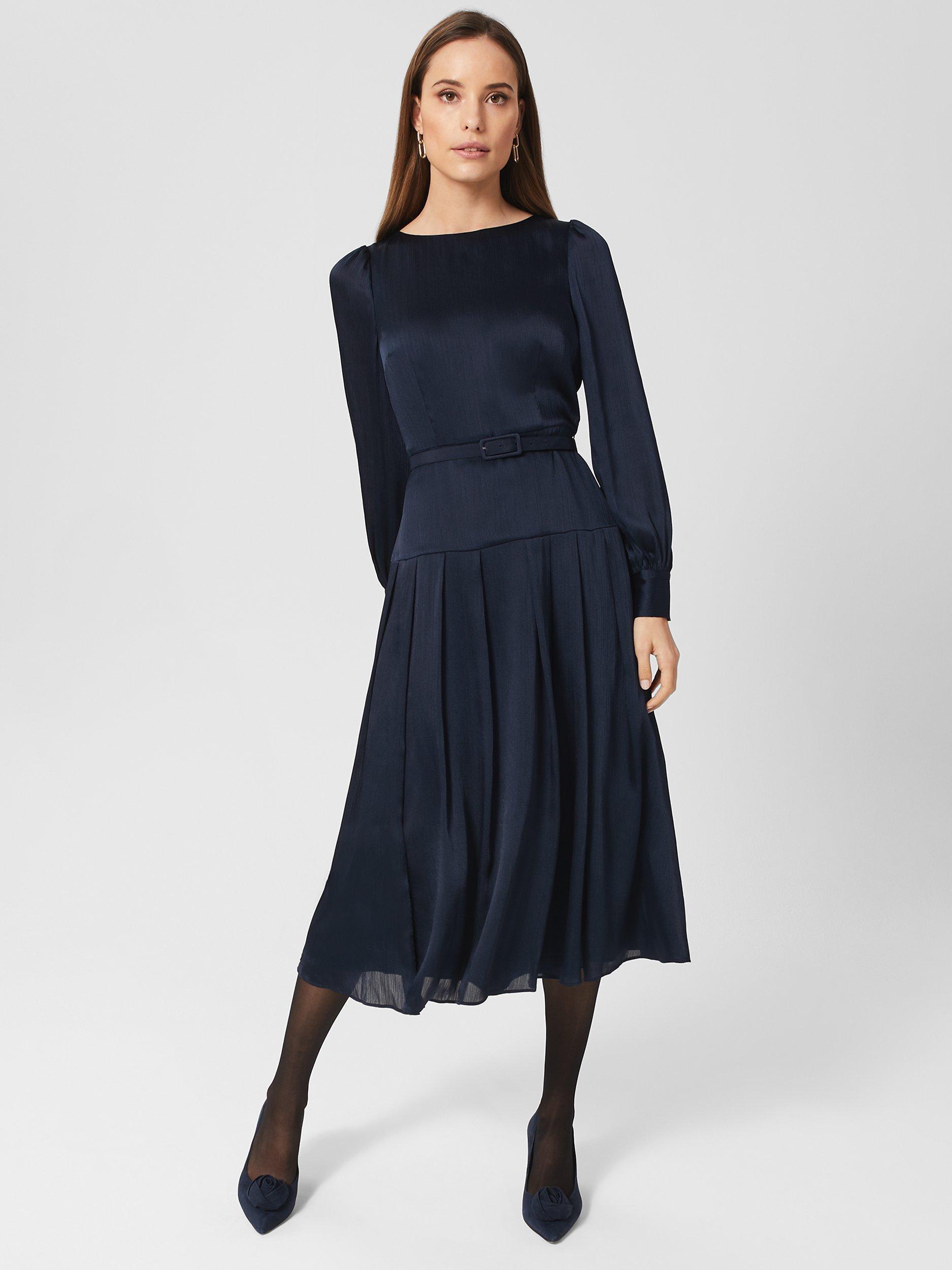 Hobbs Isabella Satin Drop Waist Midi Dress, Navy