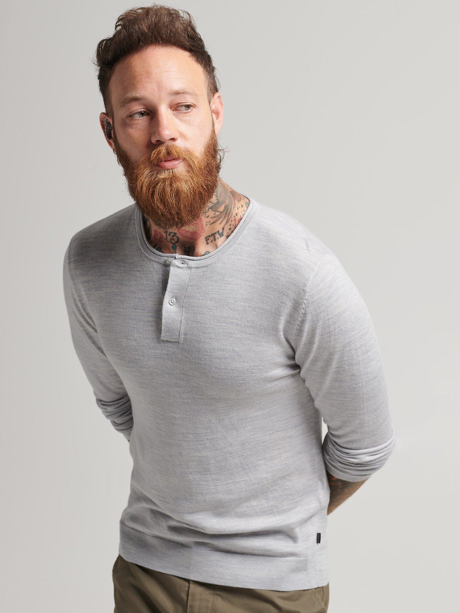 Superdry Merino Crew Neck Henley Knitted Top, Mid Marl