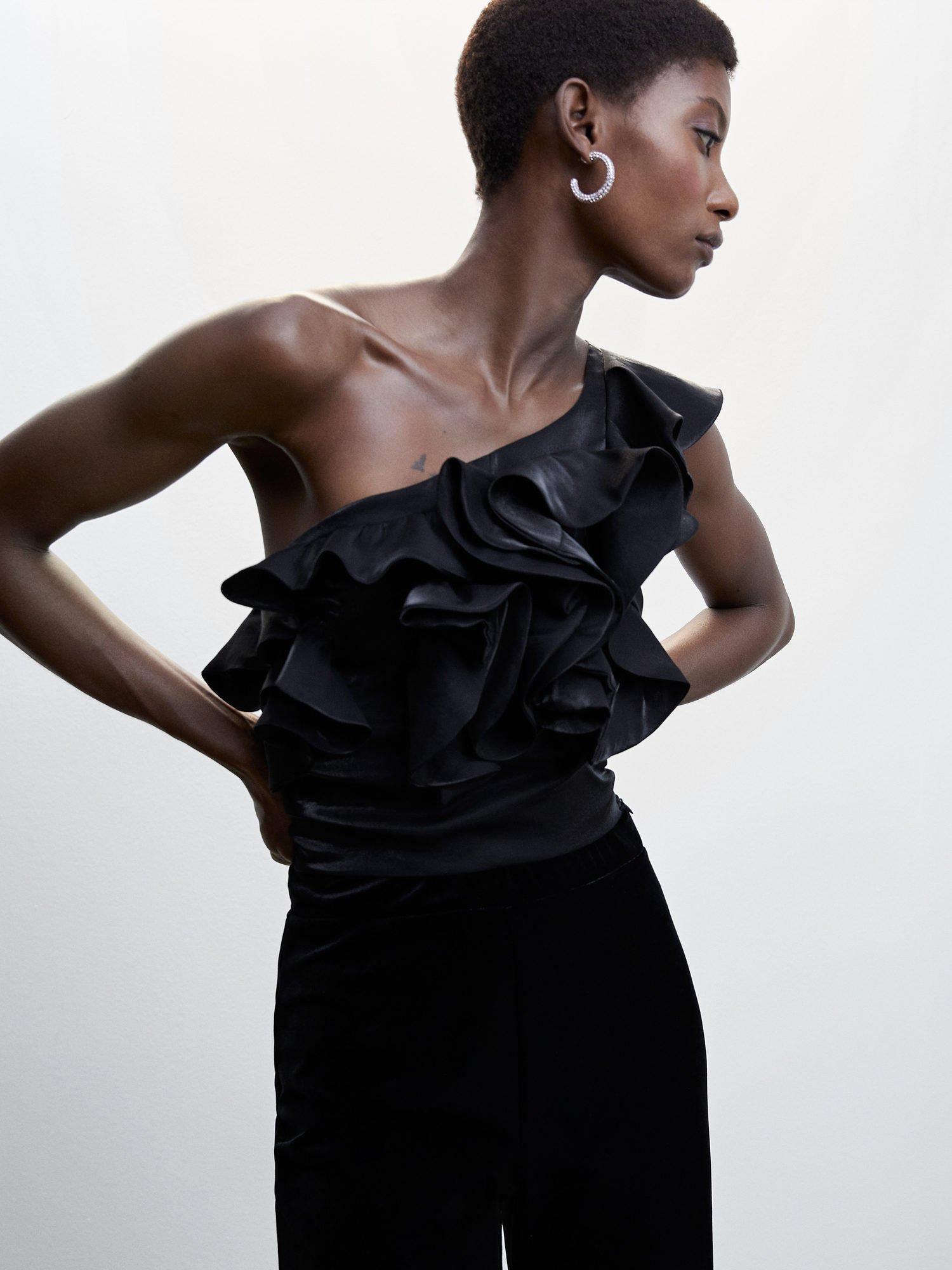 Mango Fest Frill One Shoulder Crop Top, Black