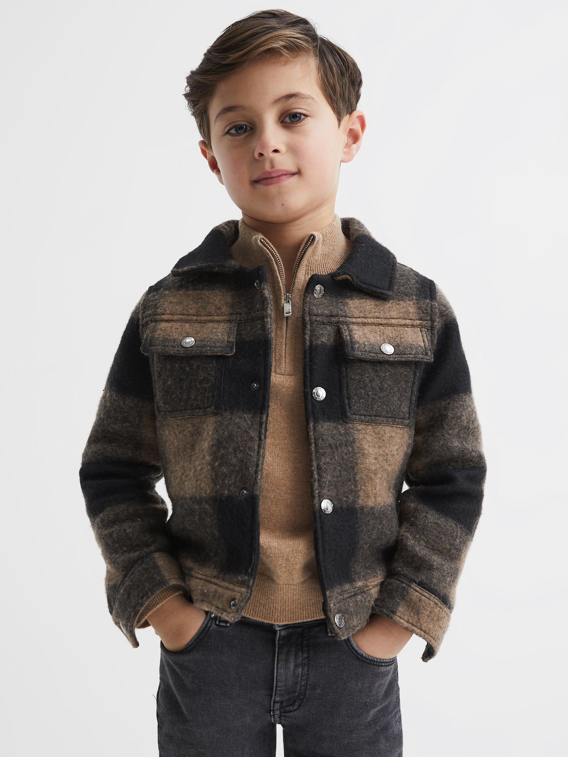 Reiss Kids' Zeus Check Overshirt, Dark Camel