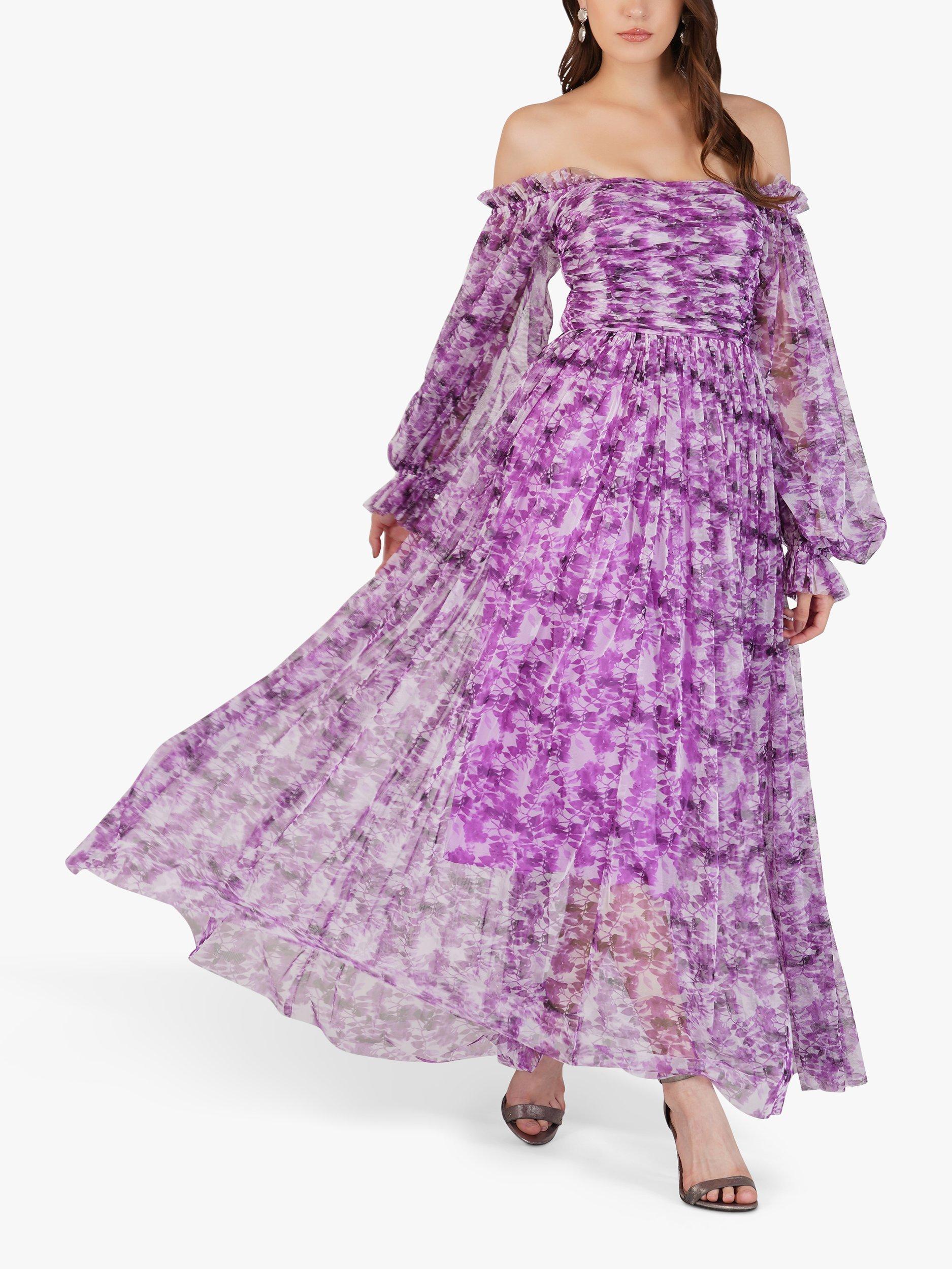 Lace Beads Lana Floral Print Off Shoulder Maxi Dress Lavender