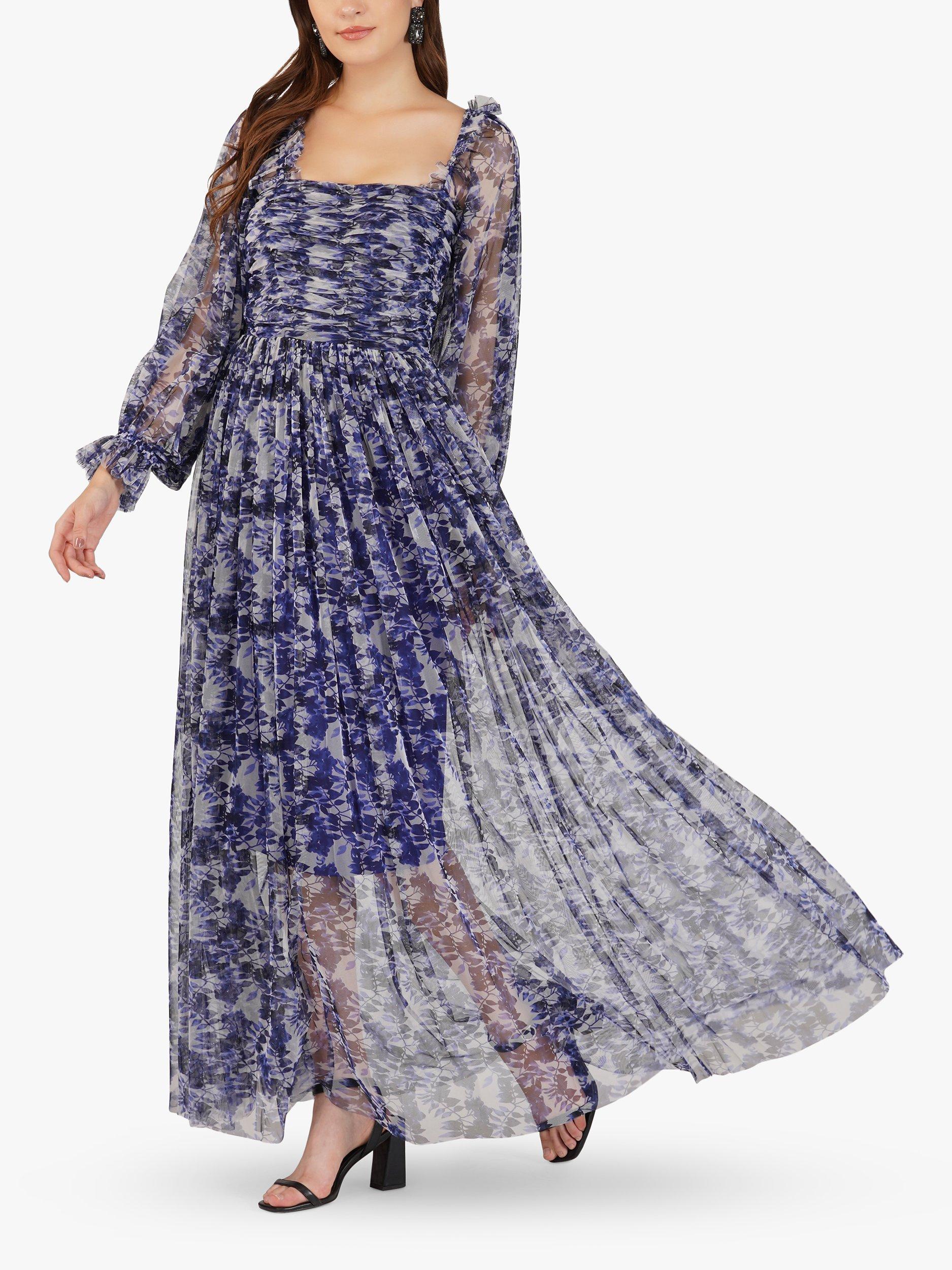 Lace Beads Lana Floral Print Off Shoulder Maxi Dress Blue