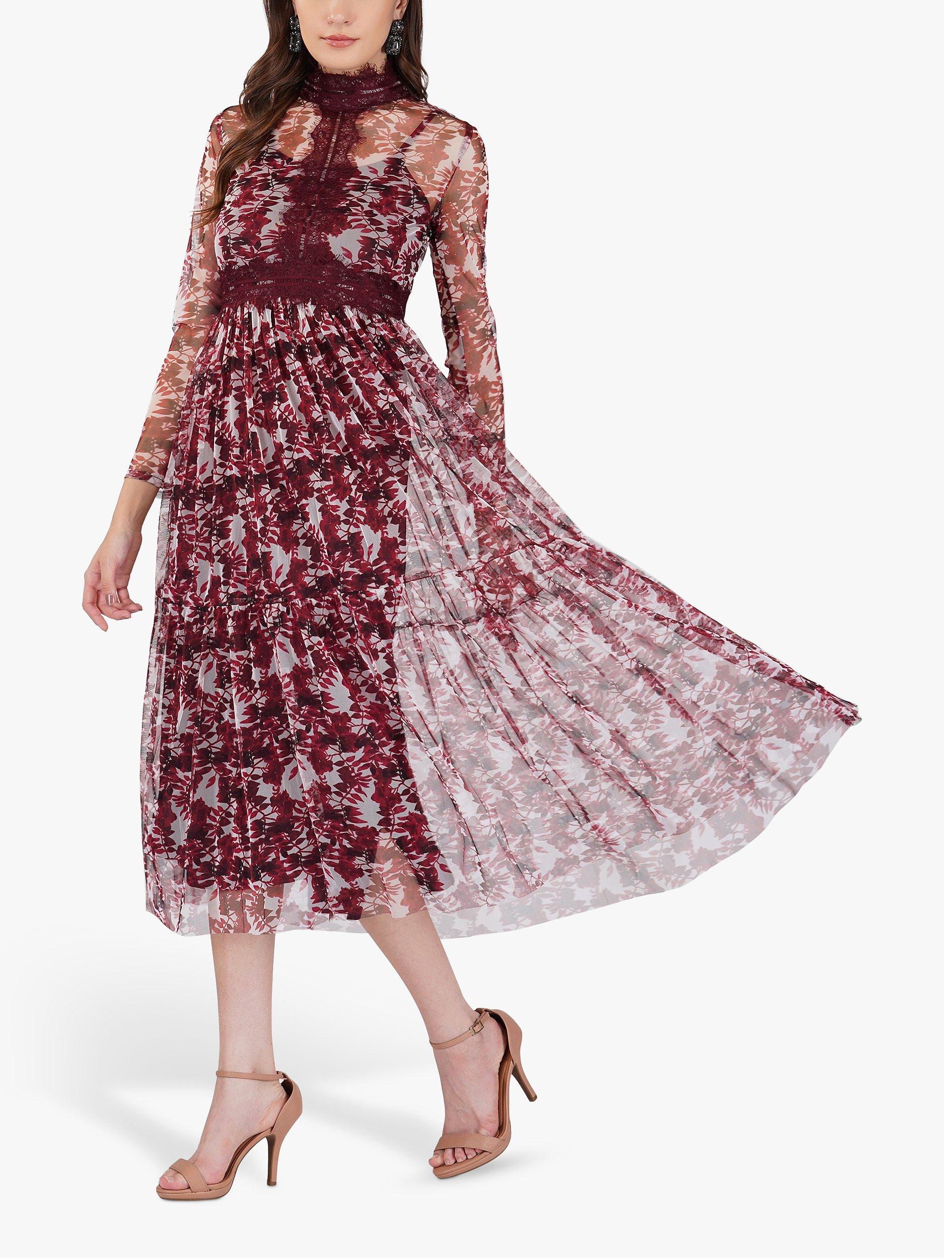 Lace & Beads Roman Lola Print Mesh Midi Dress, Burgundy