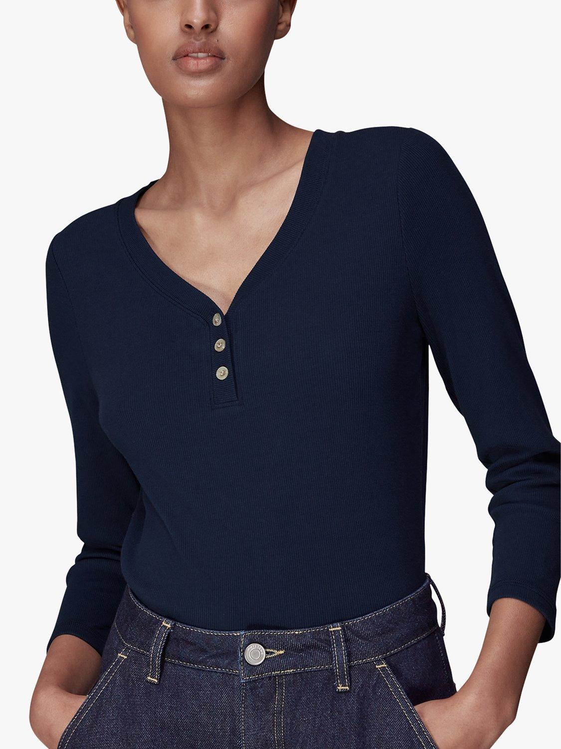 Whistles Paiton Ribbed Button Top, Navy
