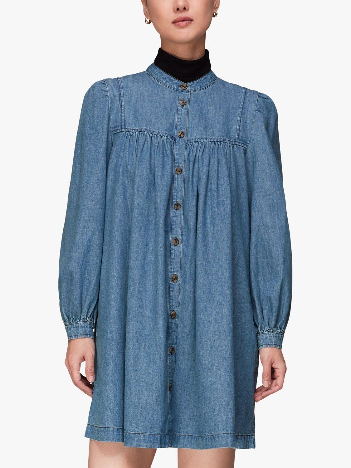 Product image 1 of 7, which shows Whistles Chambray Denim Mini Trapeze Dress, Blue, 6