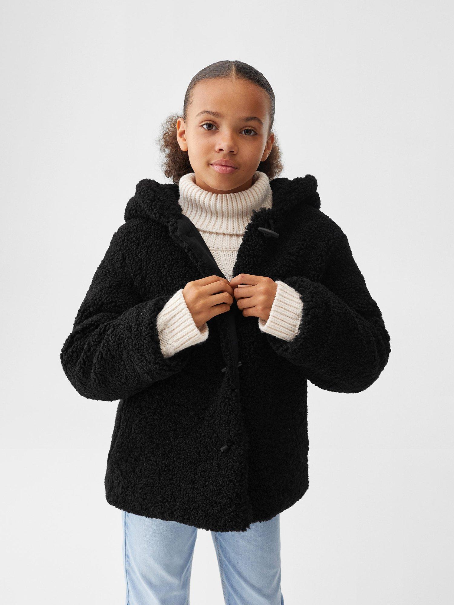 Mango Kids' Shearling-Effect Hooded Coat, Black