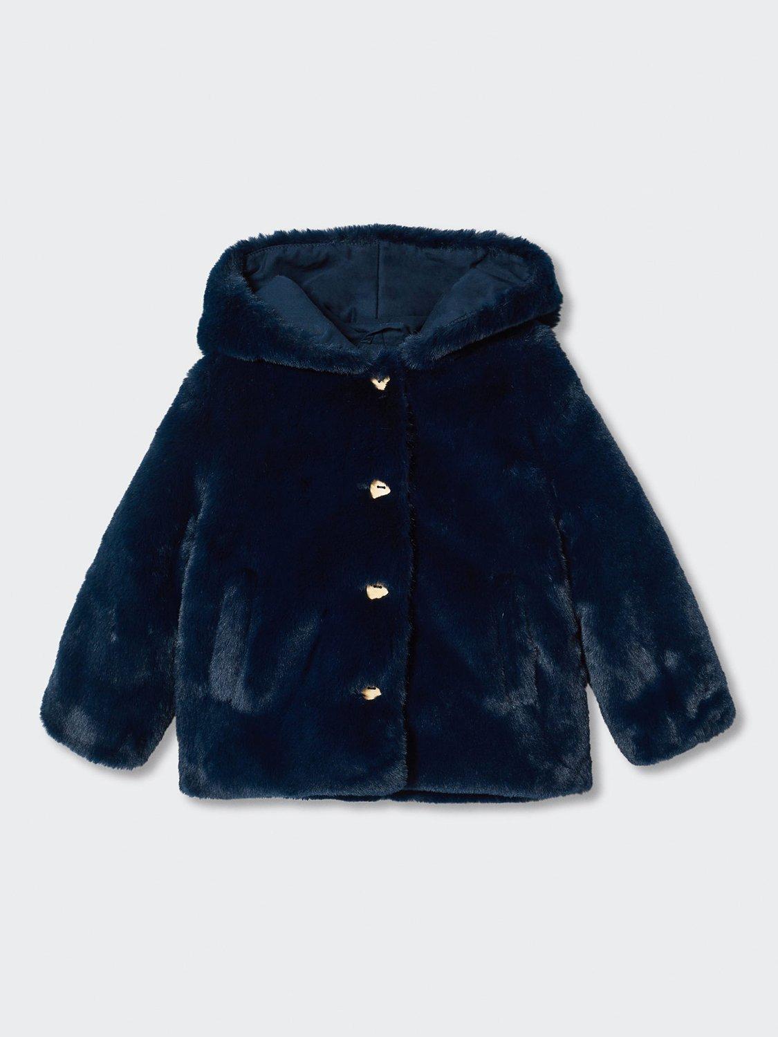 Mango Kids' Hooded Faux Fur Coat, Navy