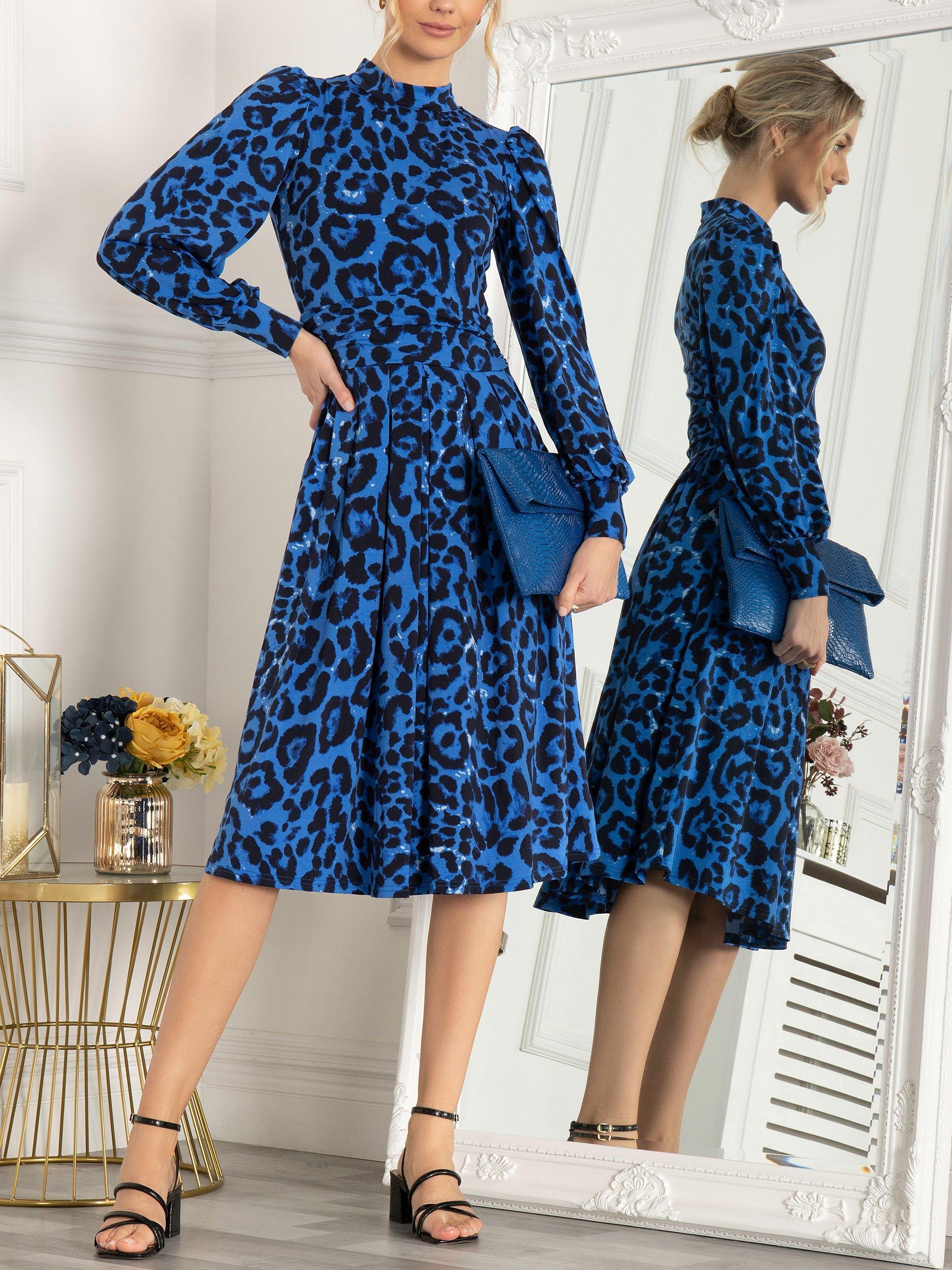 Jolie Moi Kathryn Animal Print High Neck Dress, Blue, 20
