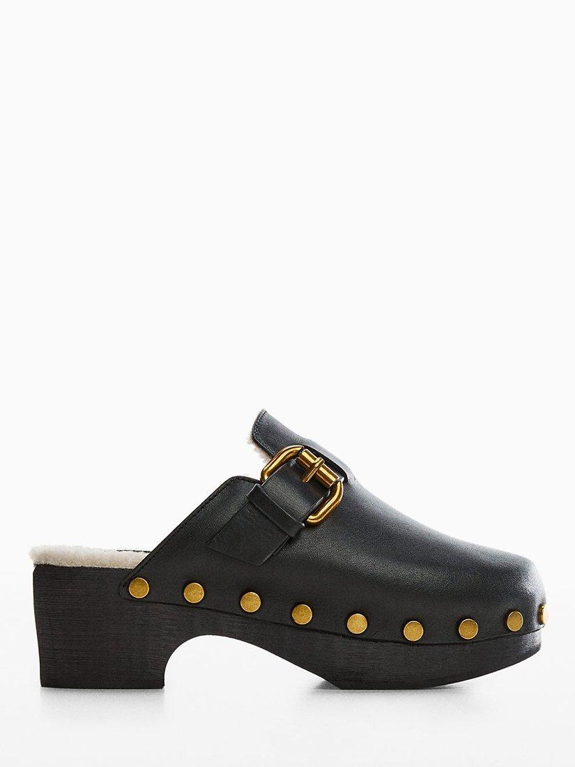 Mango Aydra Leather Clogs, Black