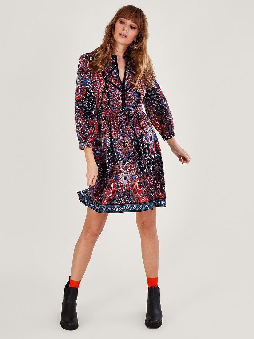 Monsoon Velvet Trim Paisley Mini Dress, Navy/Multi