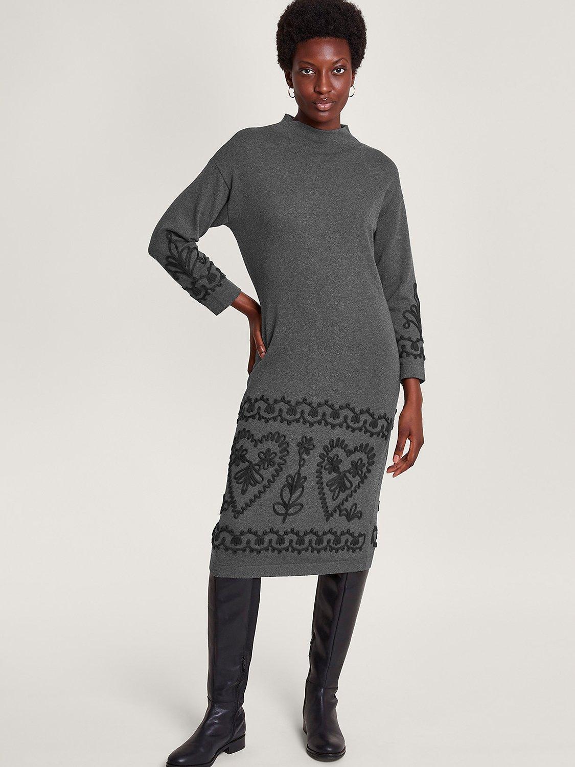 Monsoon Cornelli Embroidered Midi Jumper Dress, Grey