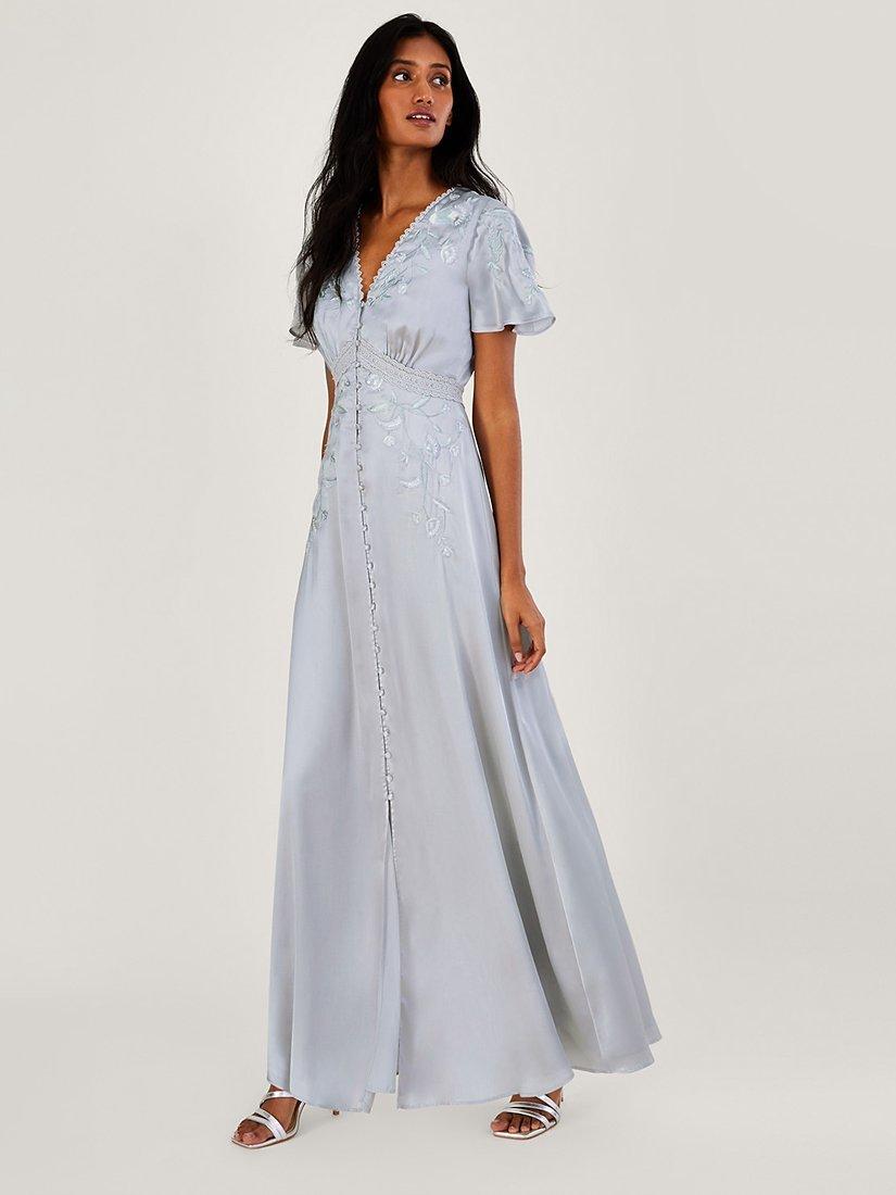 Monsoon Mia Satin Embroidered Maxi Dress Silver