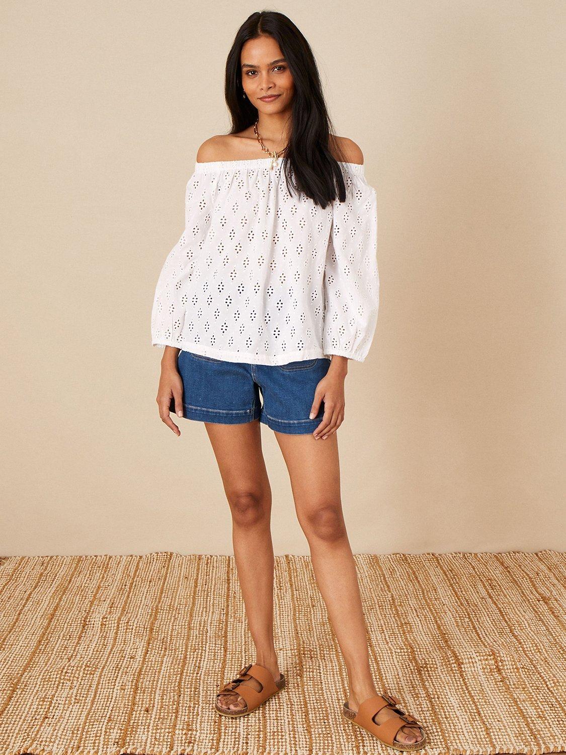 Monsoon Schiffley Broderie Bardot Top, Blue, White