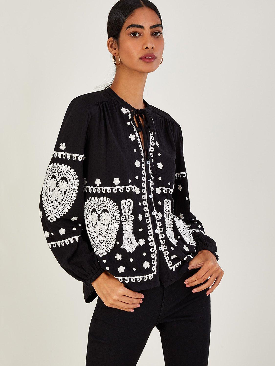 Monsoon Embroidered Jersey Top, Black