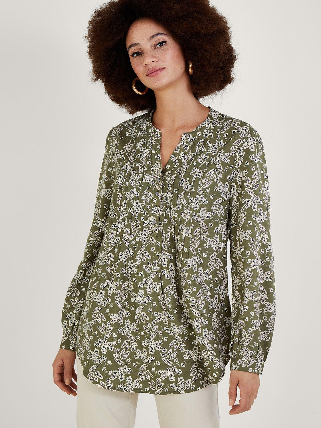 Monsoon Pintuck Floral Longline Blouse, Khaki