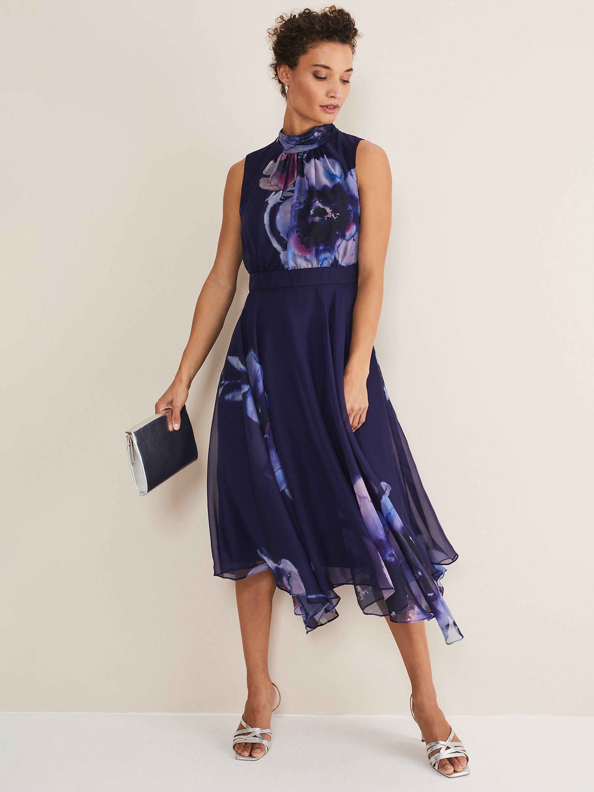 Phase Eight Lucinda Asymmetric Hem Floral Midi Dress, Navy/Multi