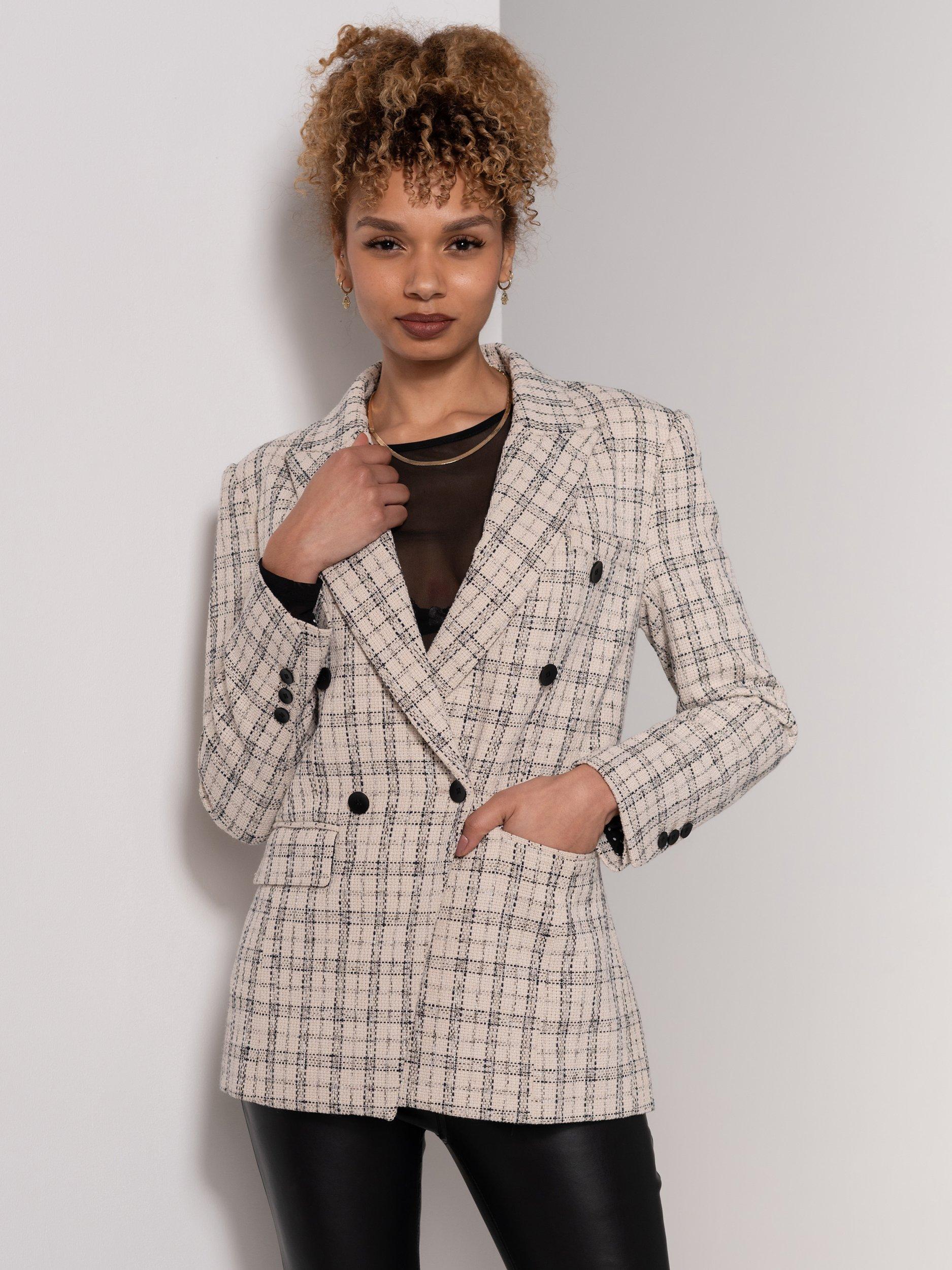 Jolie Moi Sloane Tweed Military Jacket, Cream/Black