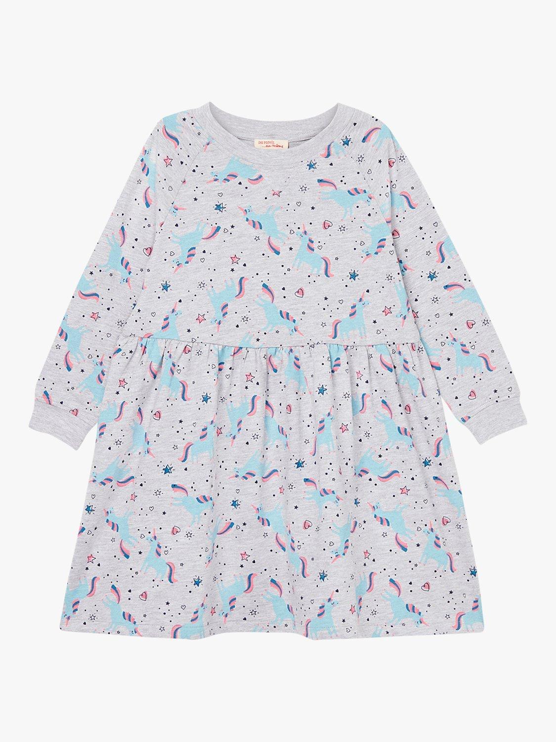 Du Pareil au même Kids' Unicorn Print Fleece Dress, Heather Grey