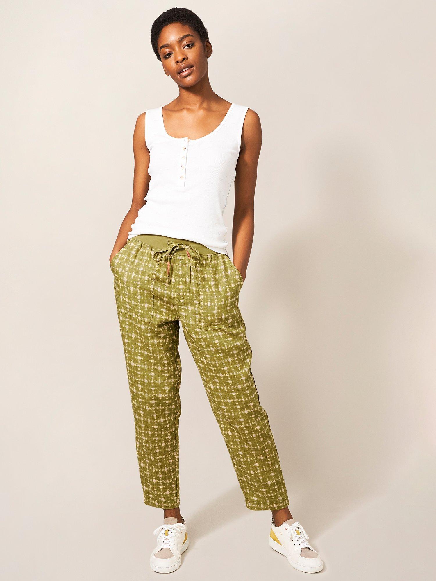 White Stuff Effie Linen Abstract Trousers, Green