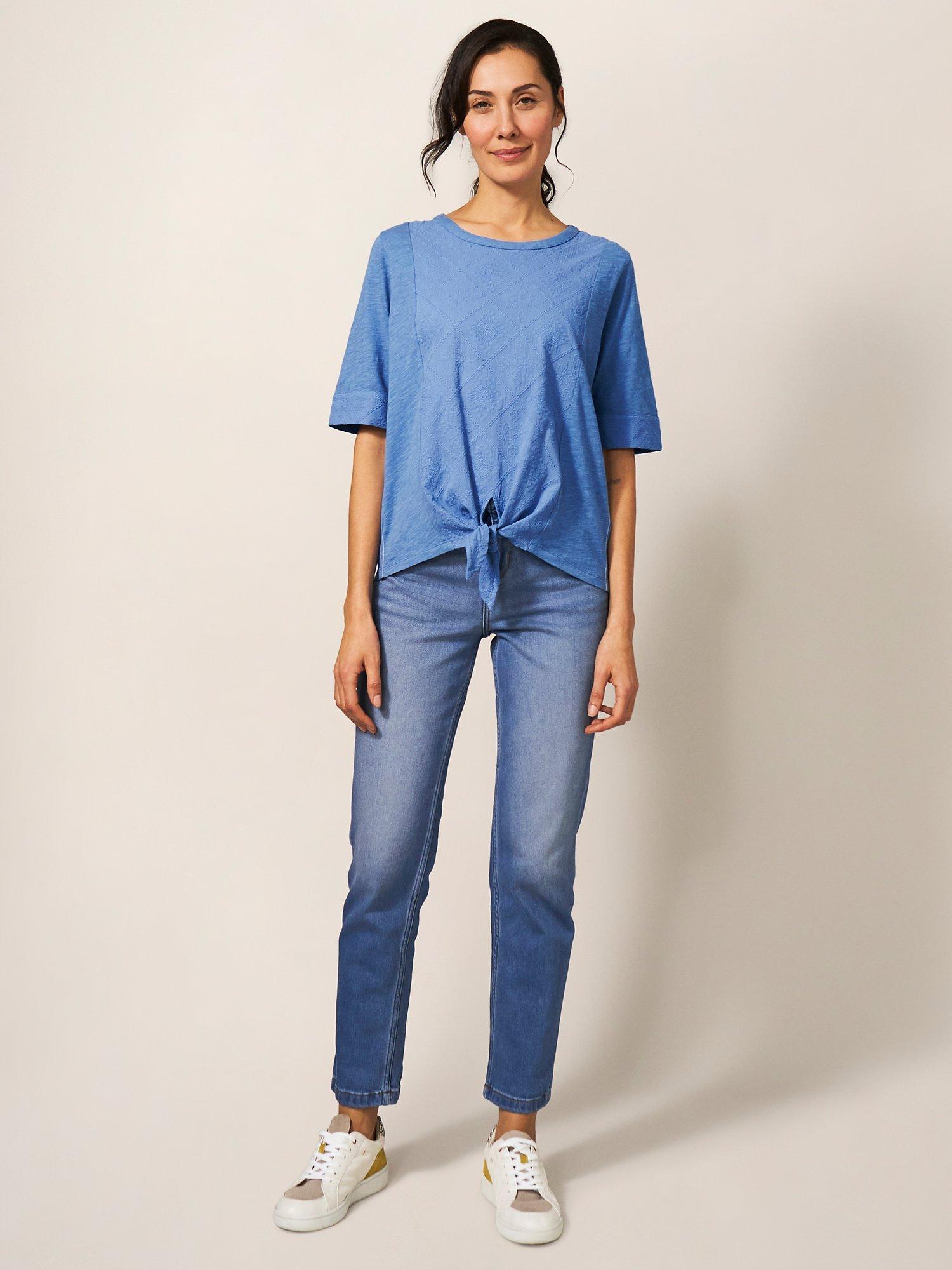 White Stuff Textured Cotton Tie Hem Top, Mid Blue