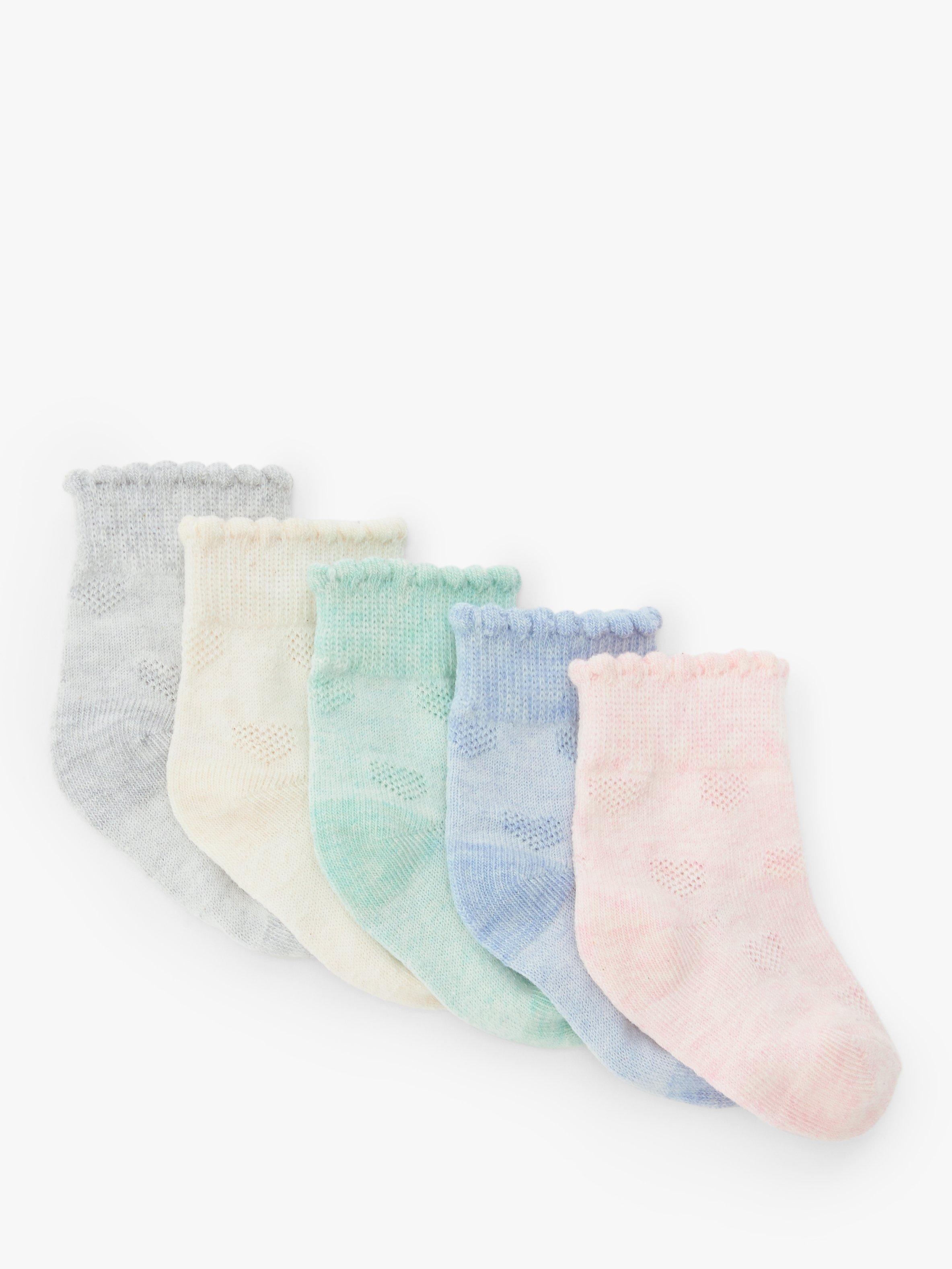 Product image 1 of 2, which shows John Lewis Baby Pretty Heart Embroidered Organic Cotton Blend Socks, Pack of 5, Multi, Newborn
