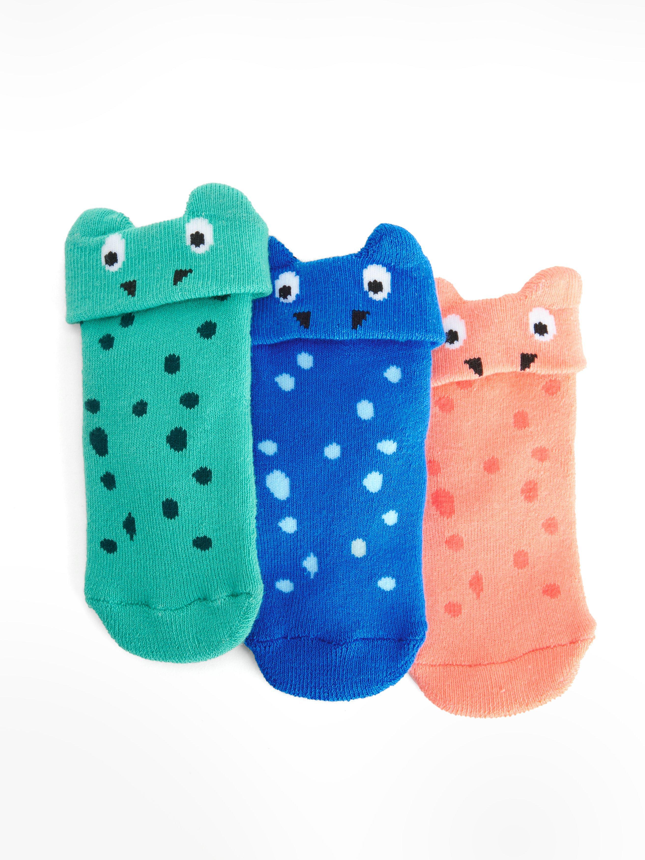 John Lewis Baby Organic Cotton Rich Dino Face Socks, Pack of 3, Multi