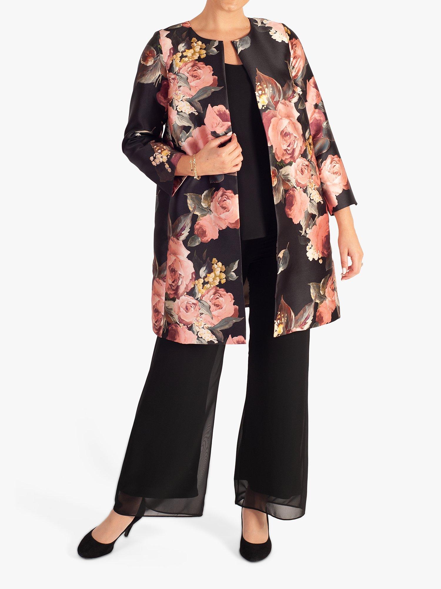 Product image 1 of 7, which shows chesca Satin Twill Floral Print Round Neck Coat, Black/Dusty Pink, 12-14