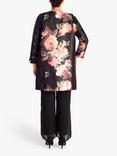 chesca Satin Twill Floral Print Round Neck Coat, Black/Dusty Pink