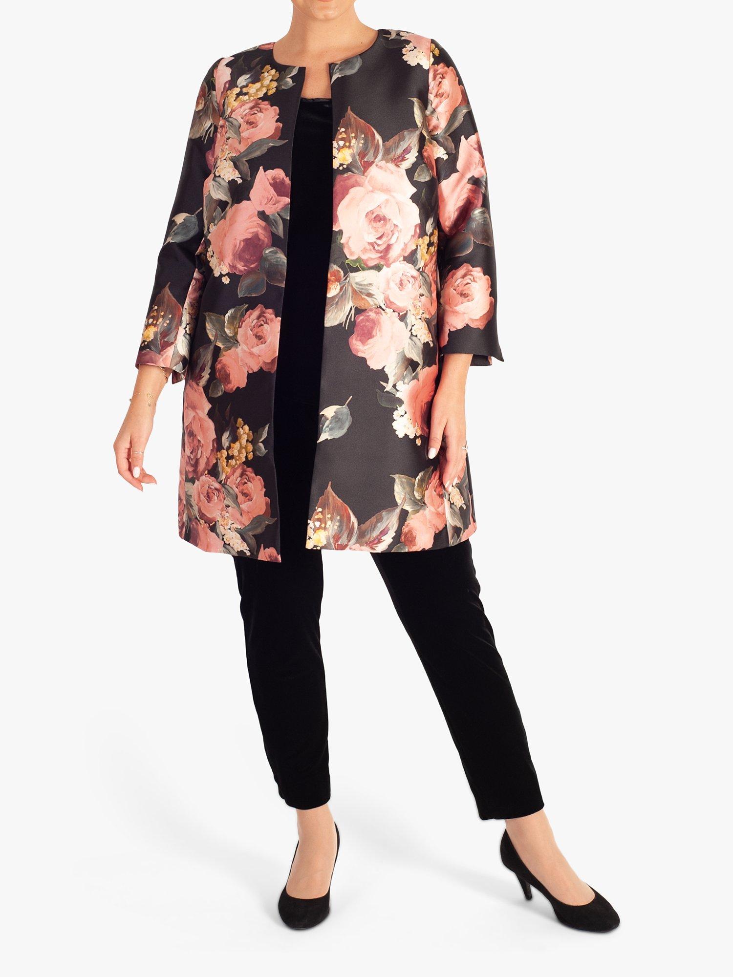 Product image 4 of 7, which shows chesca Satin Twill Floral Print Round Neck Coat, Black/Dusty Pink, 12-14