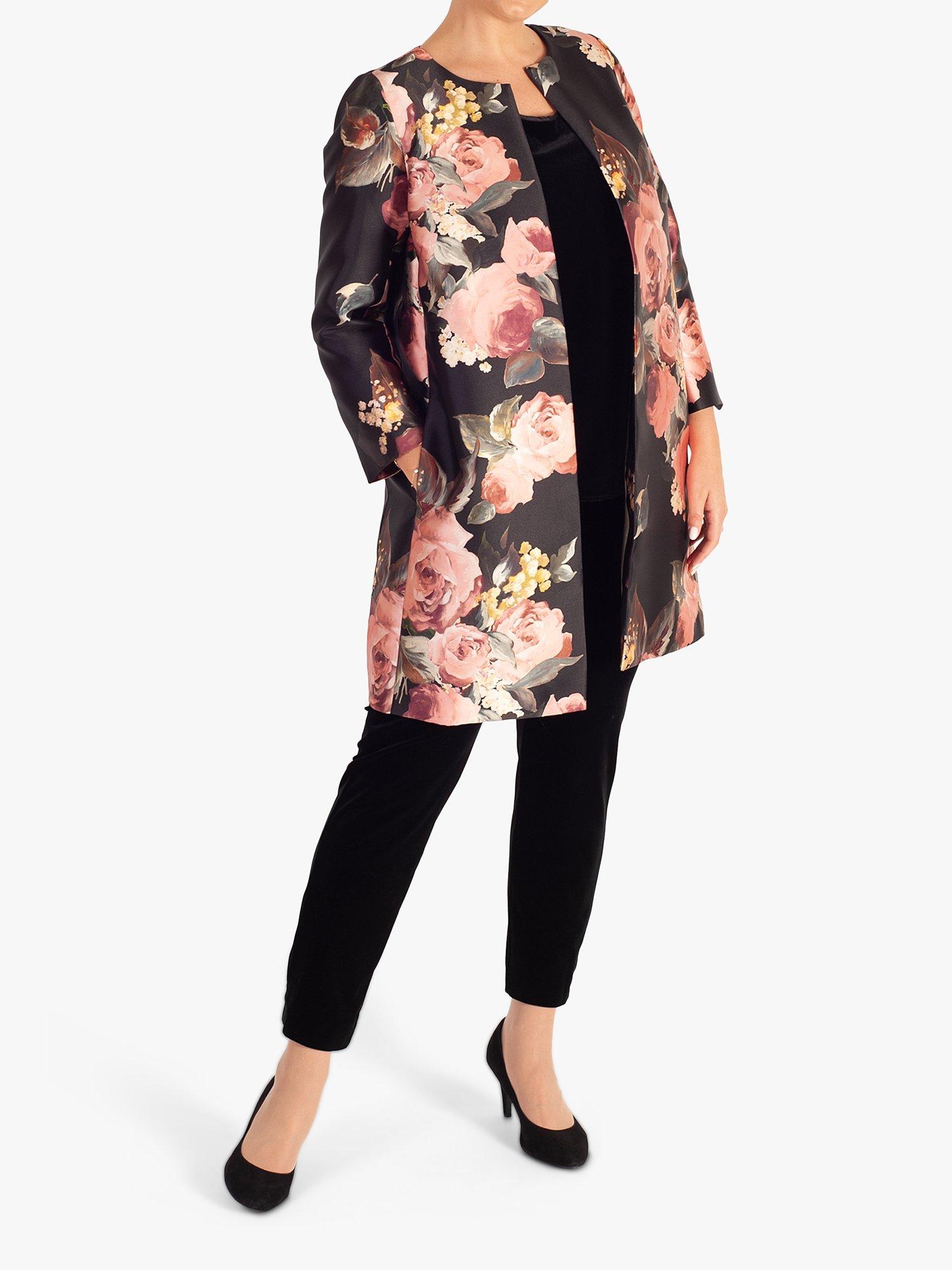 Product image 5 of 7, which shows chesca Satin Twill Floral Print Round Neck Coat, Black/Dusty Pink, 12-14
