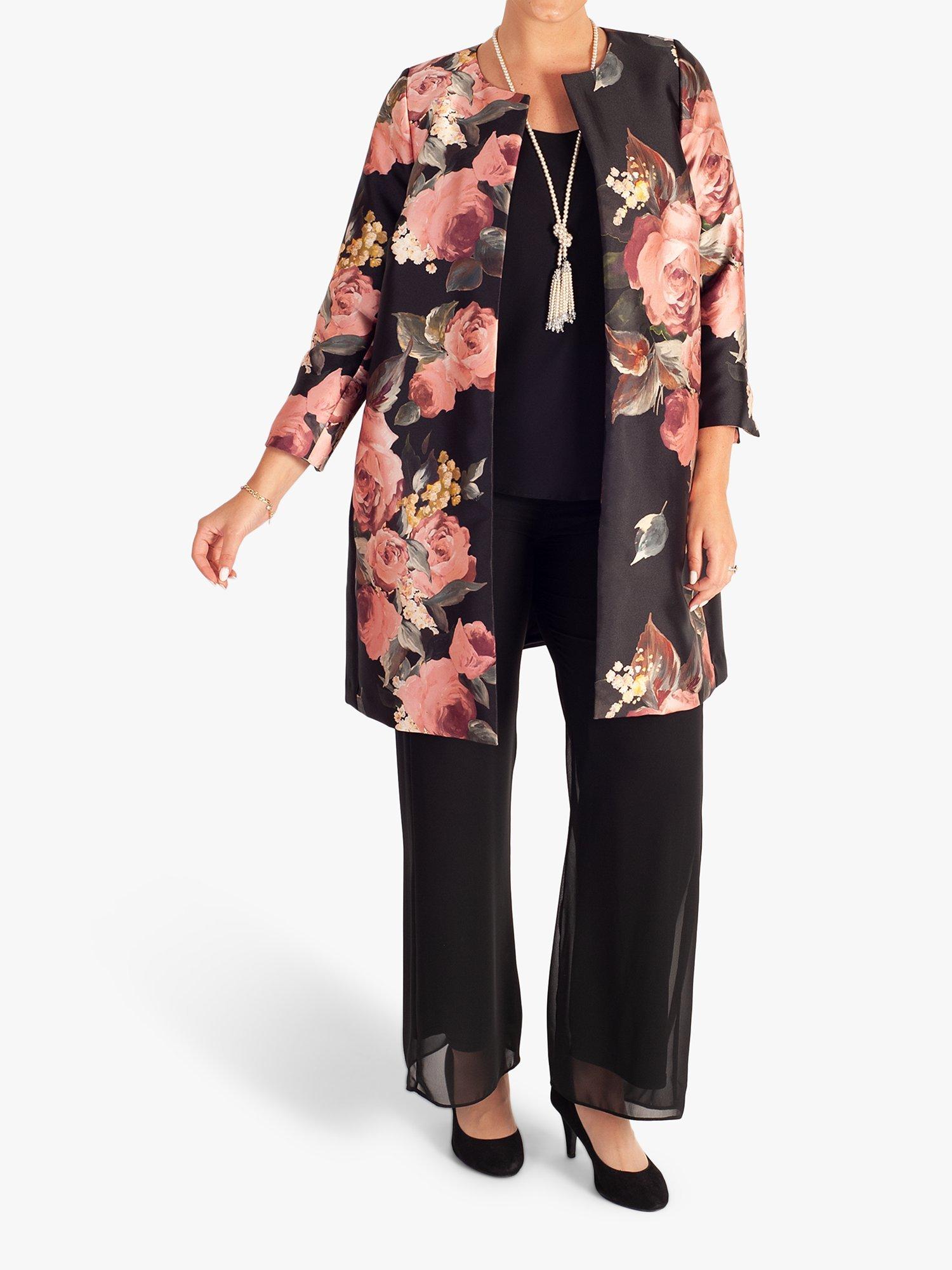 Product image 6 of 7, which shows chesca Satin Twill Floral Print Round Neck Coat, Black/Dusty Pink, 12-14