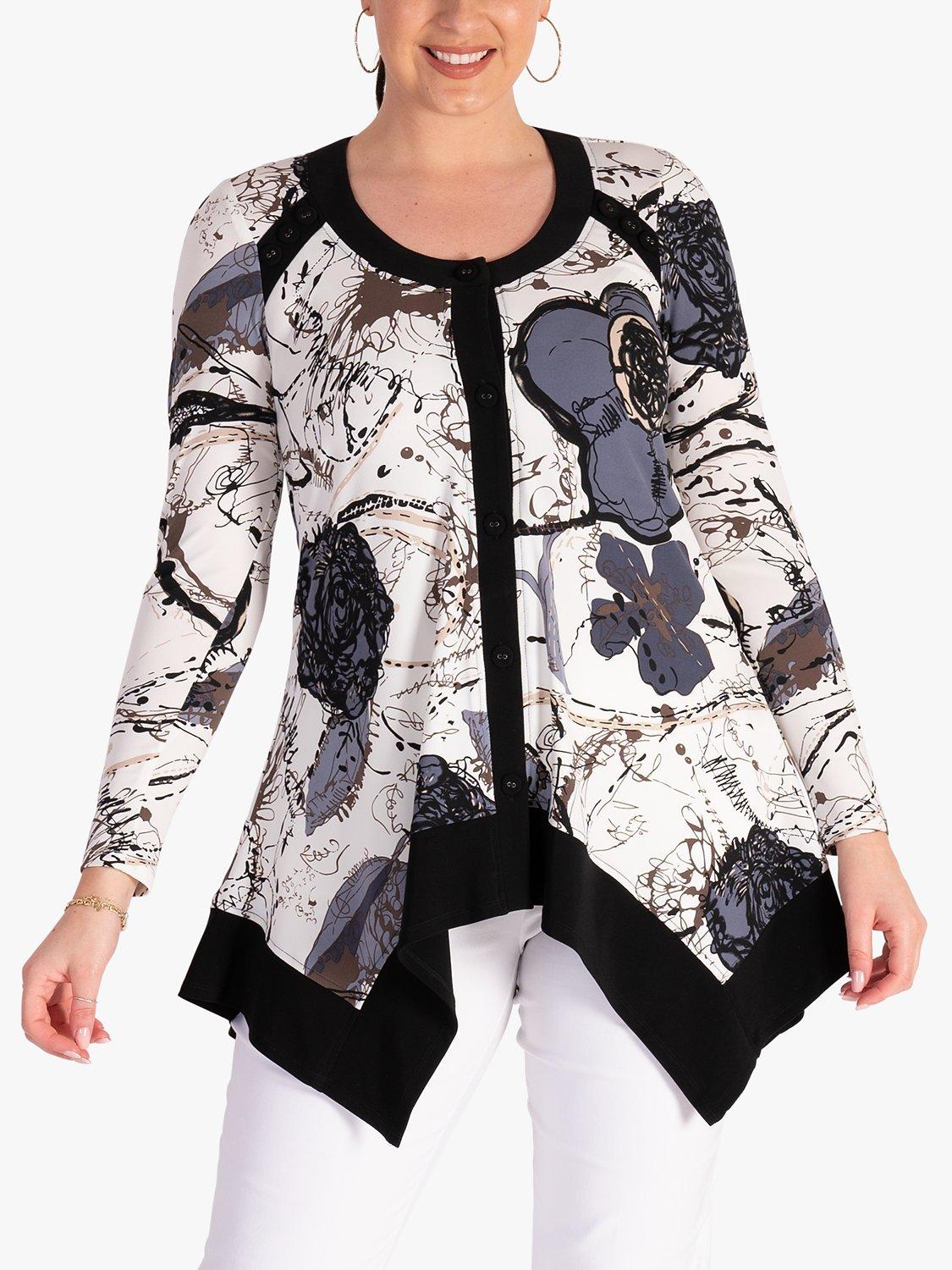 Product image 1 of 6, which shows chesca Floral Print Tunic, Ivory/Black, 12-14