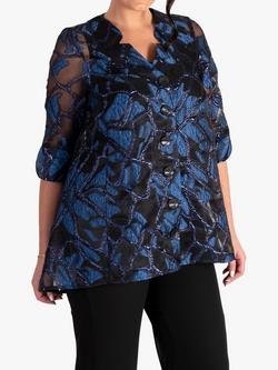 chesca V-Neck Organza Metallic Embellishment Shirt, Blue/Black, Blue/Black