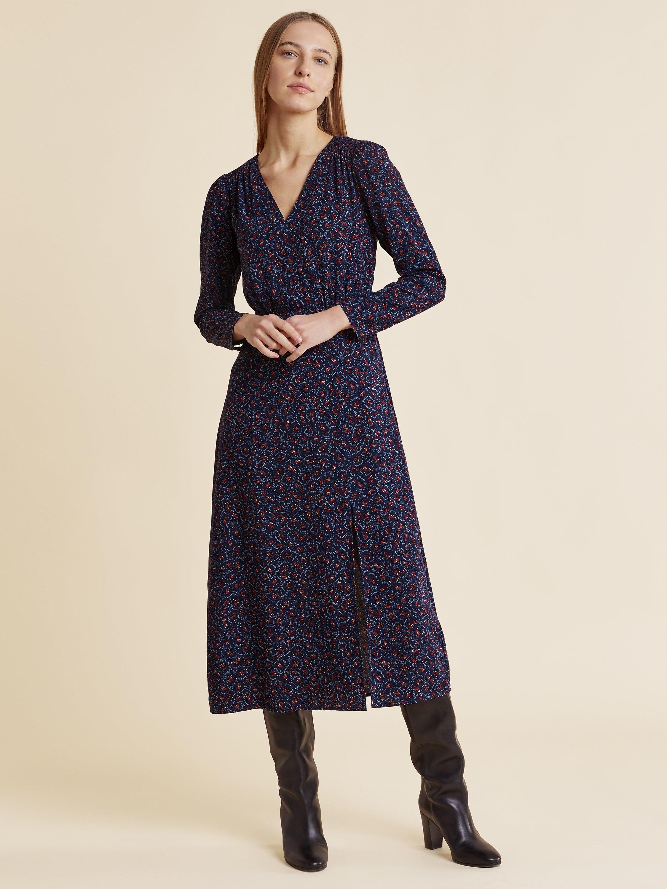Albaray Vintage Rose Shirred Shoulder Dress, Navy/Multi