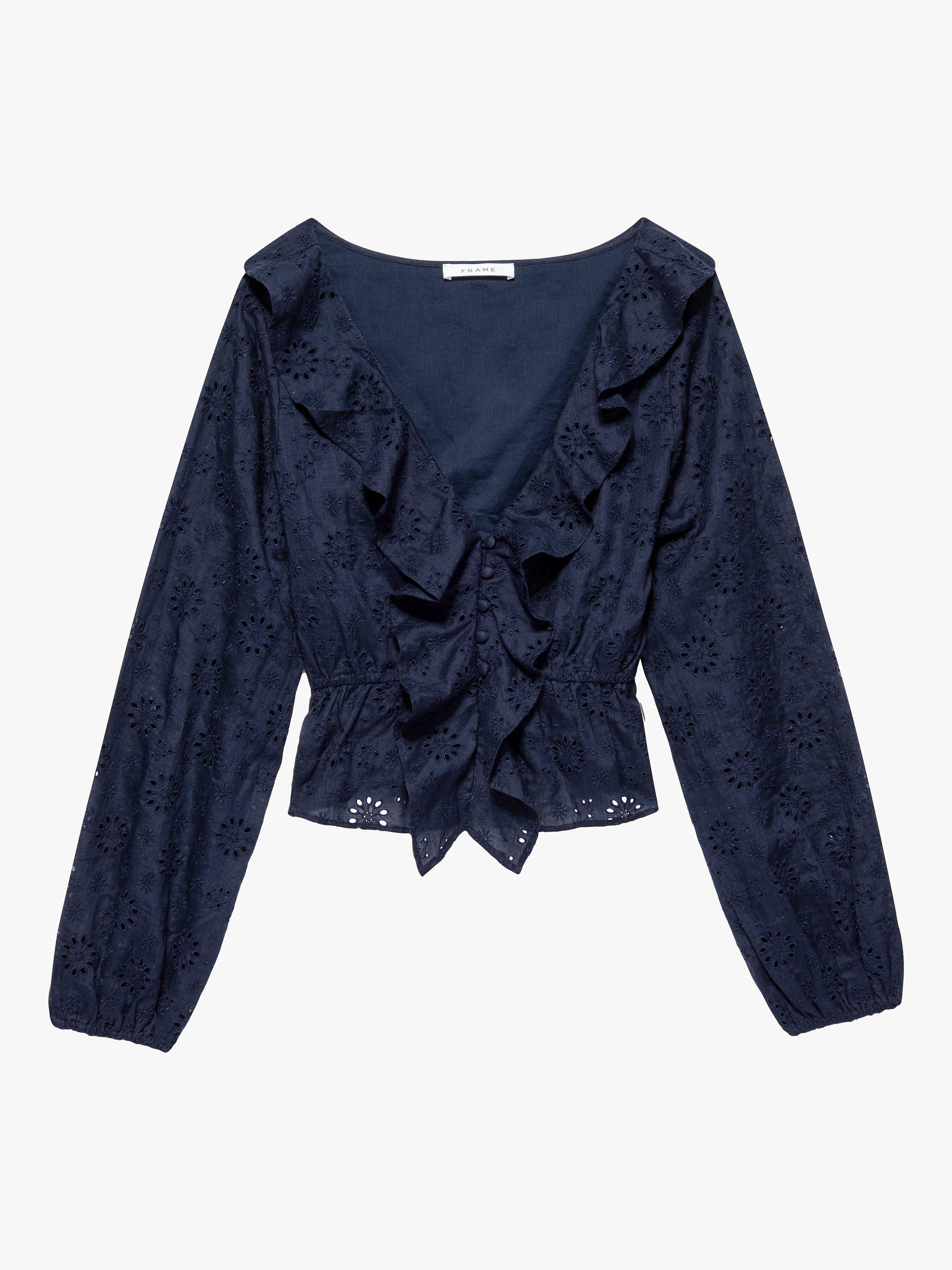 FRAME Ruffle Front Eyelet Lace Blouse, Navy