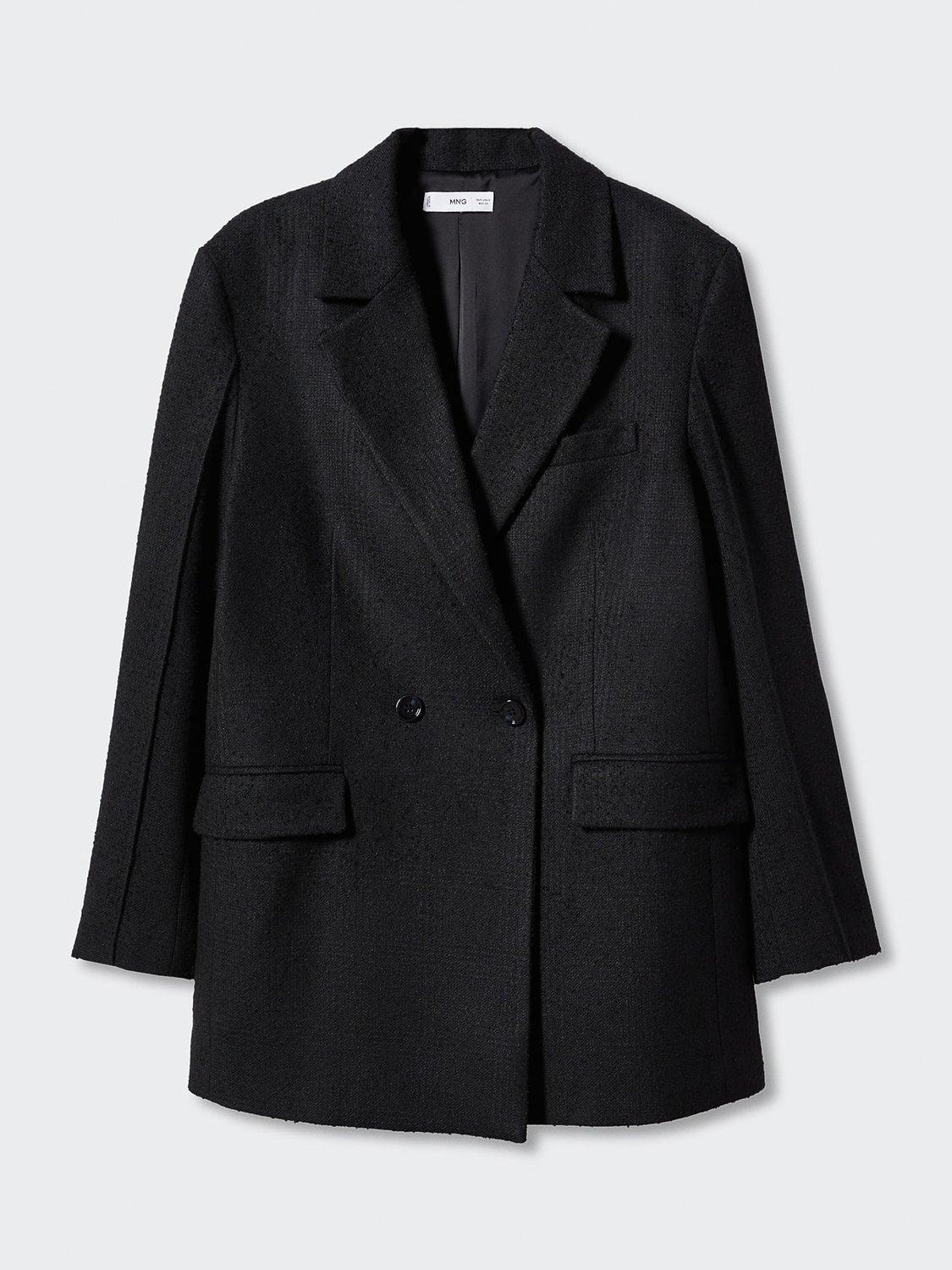 Mango Fado Wool Blend Double Breasted Blazer, Black