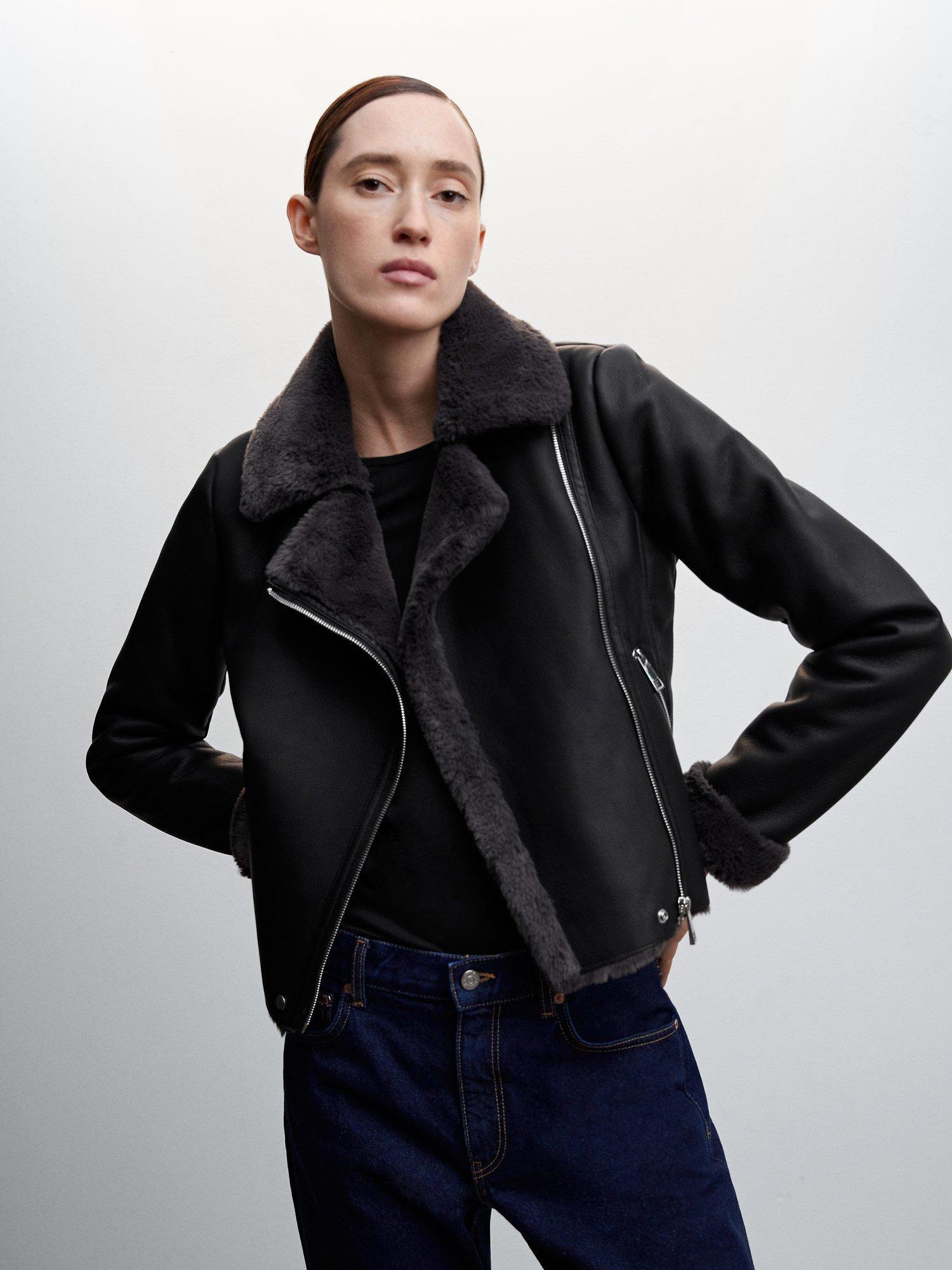 Mango Faux Leather Shearling Collar Jacket, Black