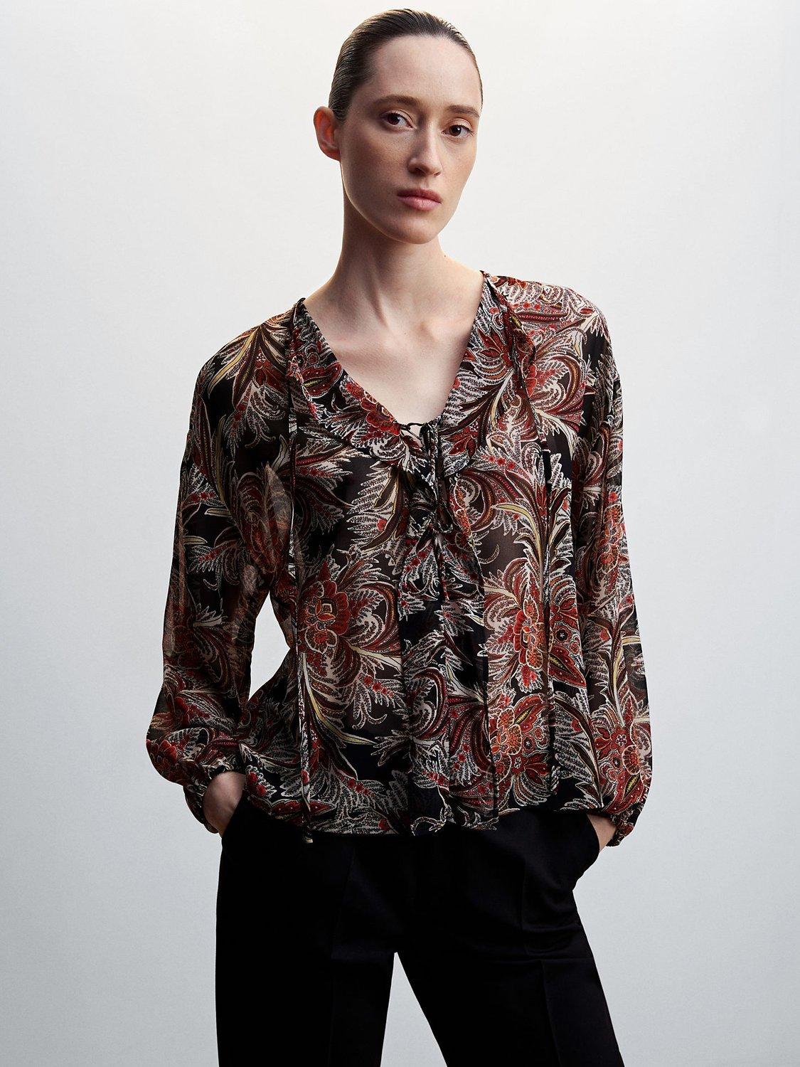 Mango Volan Tie Neck Ruffle Blouse, Rust