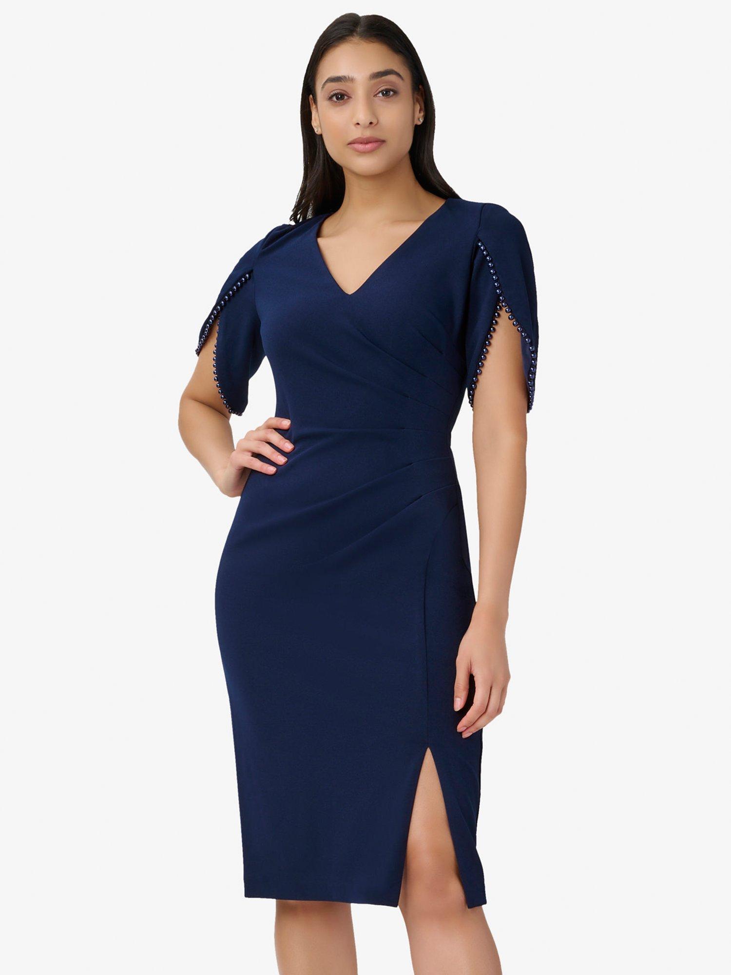 Adrianna Papell Knit Crepe Pearl Trim Knee Length Dress, Navy Sateen