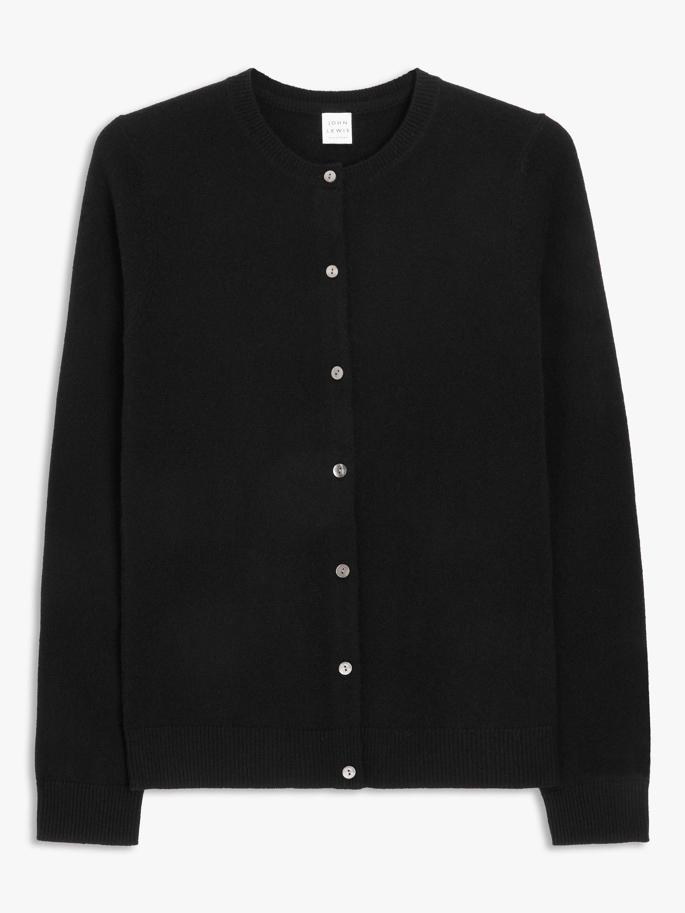 John Lewis Cashmere Crew Neck Cardigan, Black, 8