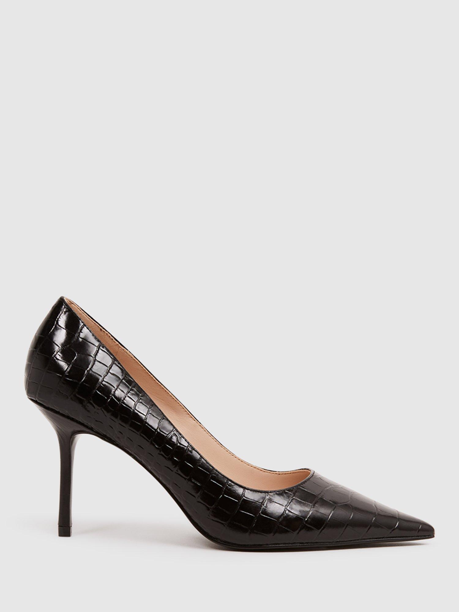 Reiss Elina Leather Croc Court Shoes, Black